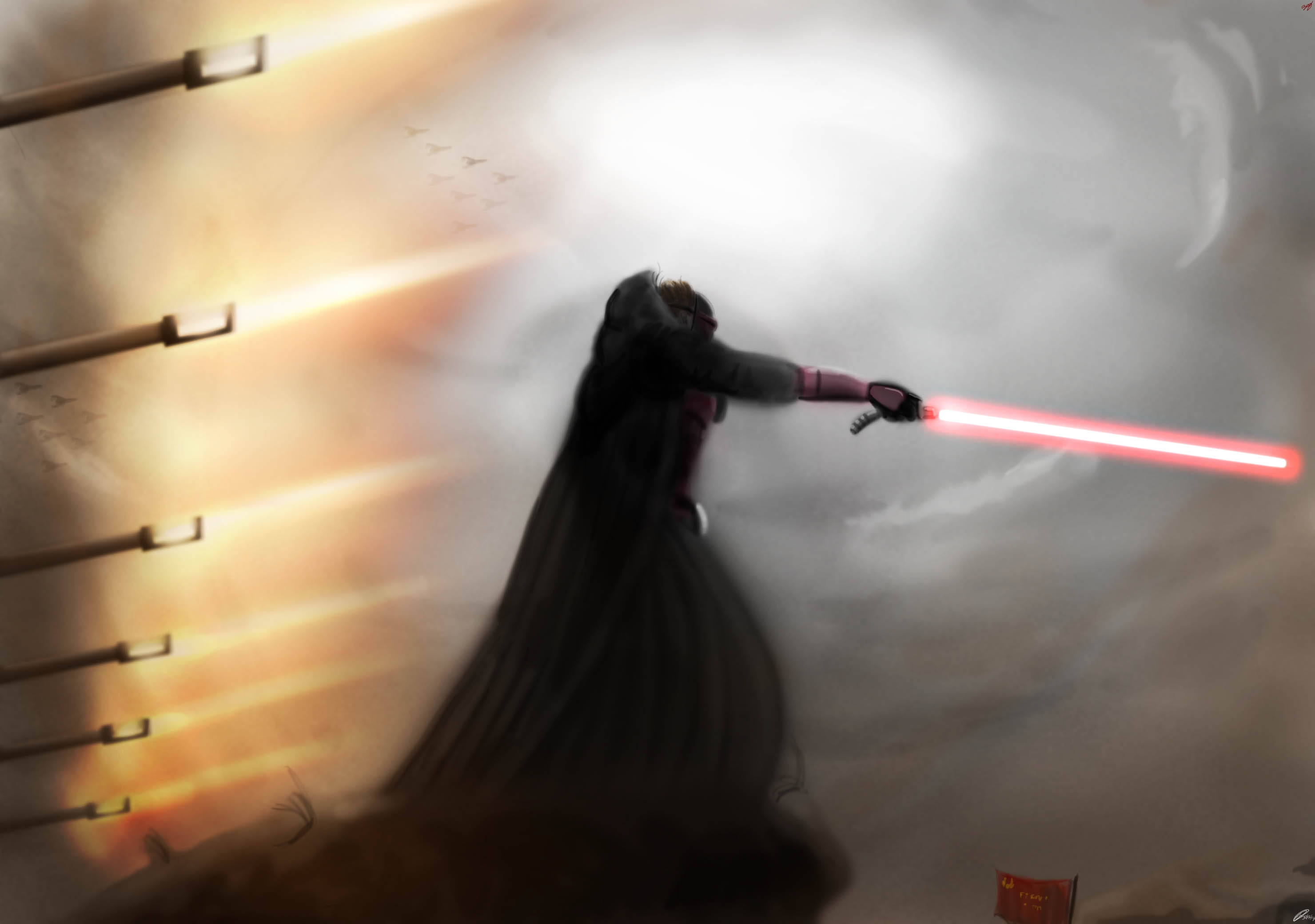 Epic Star Wars 桌布 壁紙 — 一個披著斗篷的身影揮舞著紅色光劍，背景是發光的橙色光束和旋轉的煙霧。