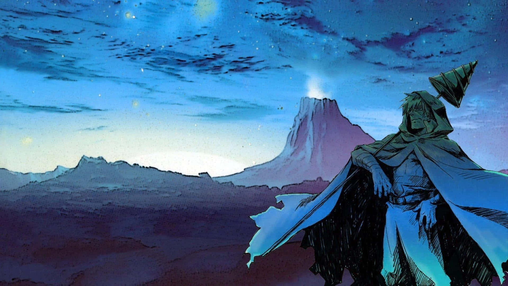 Gurren Lagann 桌布 壁紙 — 一個披著斗篷的身影獨自站在山脊上，在繁星點點的暮色天空下，遠方有一座發光的山峰。