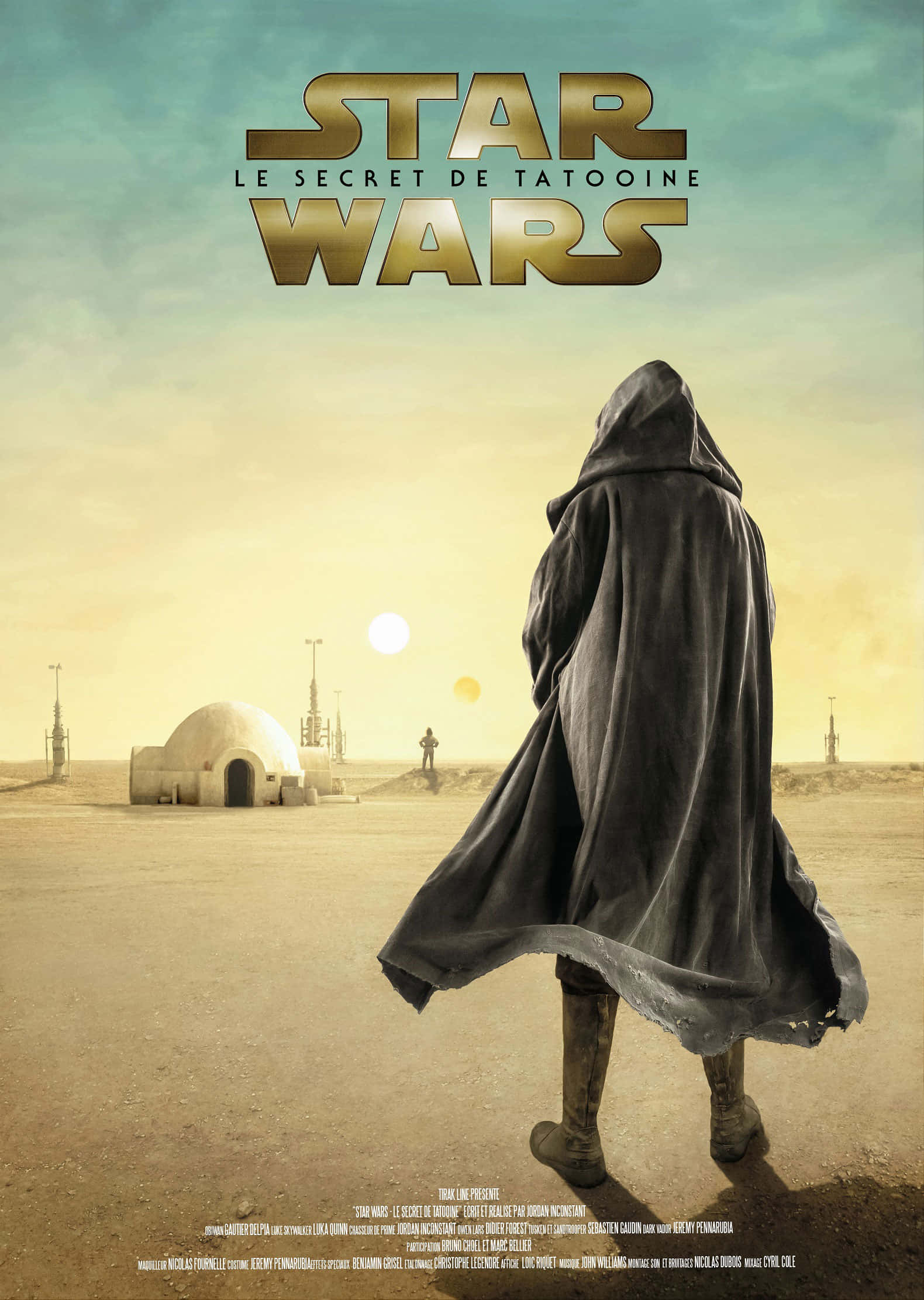 Tatooine 桌布 壁紙 — 一個披著斗篷的身影穿過沙漠星球，走向一個圓頂小屋，天空中有兩個太陽，並帶有Star Wars標題。