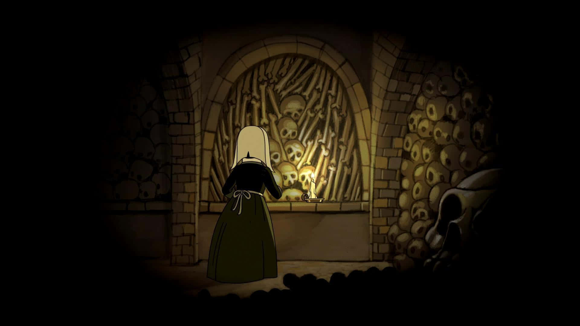 over the garden wall 桌布 壁紙 — 一個披著斗篷的身影站在一個滿是頭骨的地下室裡骯髒的拱形窗前，由一根蠟燭照亮，投射出詭異的陰影。
