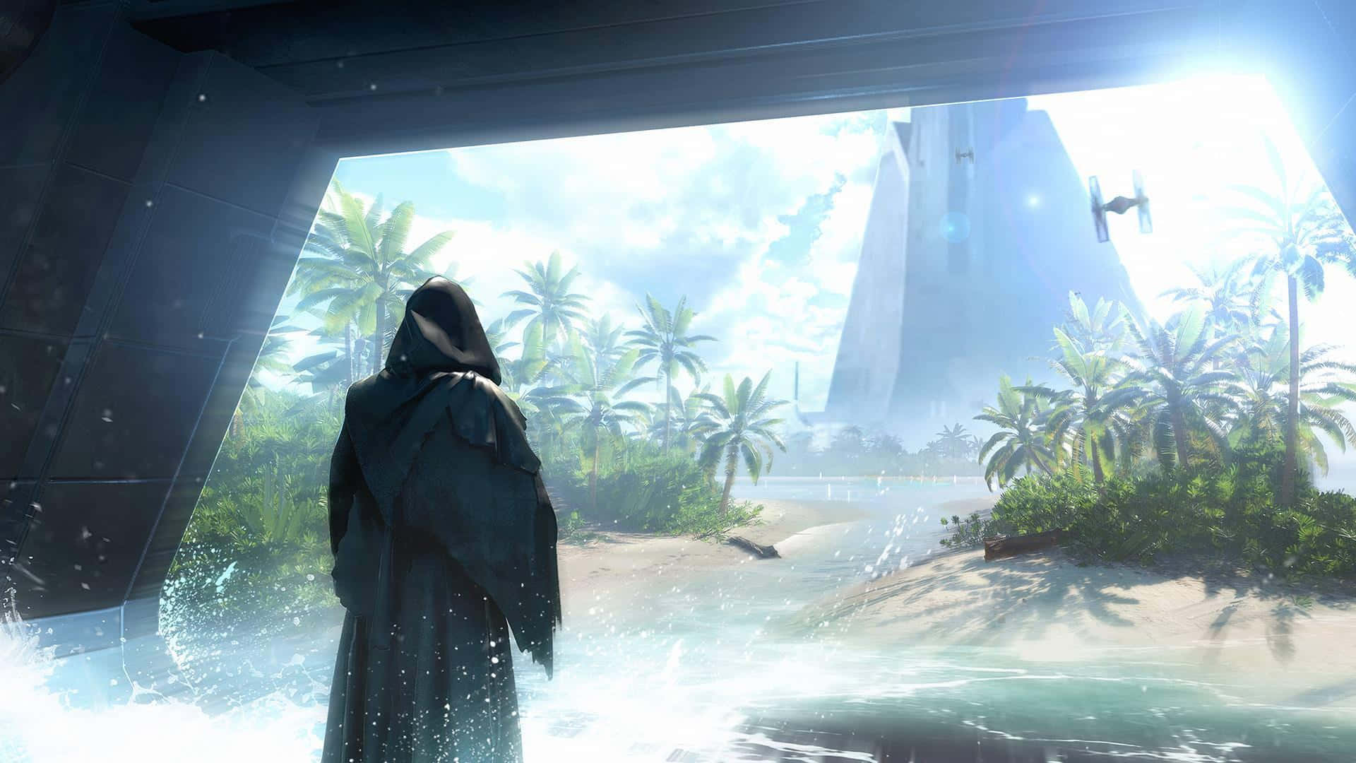 Scarif 桌布 壁紙 — 一個披著斗篷的身影站在未來風格的門口，俯瞰著一個熱帶海灘，有棕櫚樹和一座高聳的建築物，在明亮的陽光下。