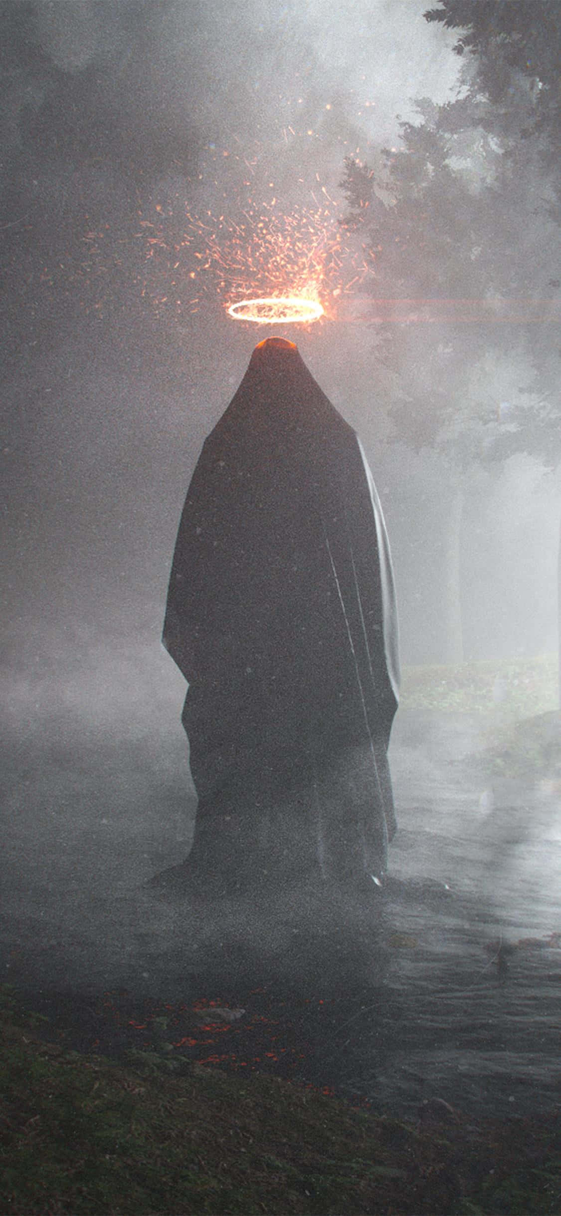 Scared 桌布 壁紙 — 一個披著斗篷的身影站在迷霧森林中，頭部散發出發光的光環和火花。