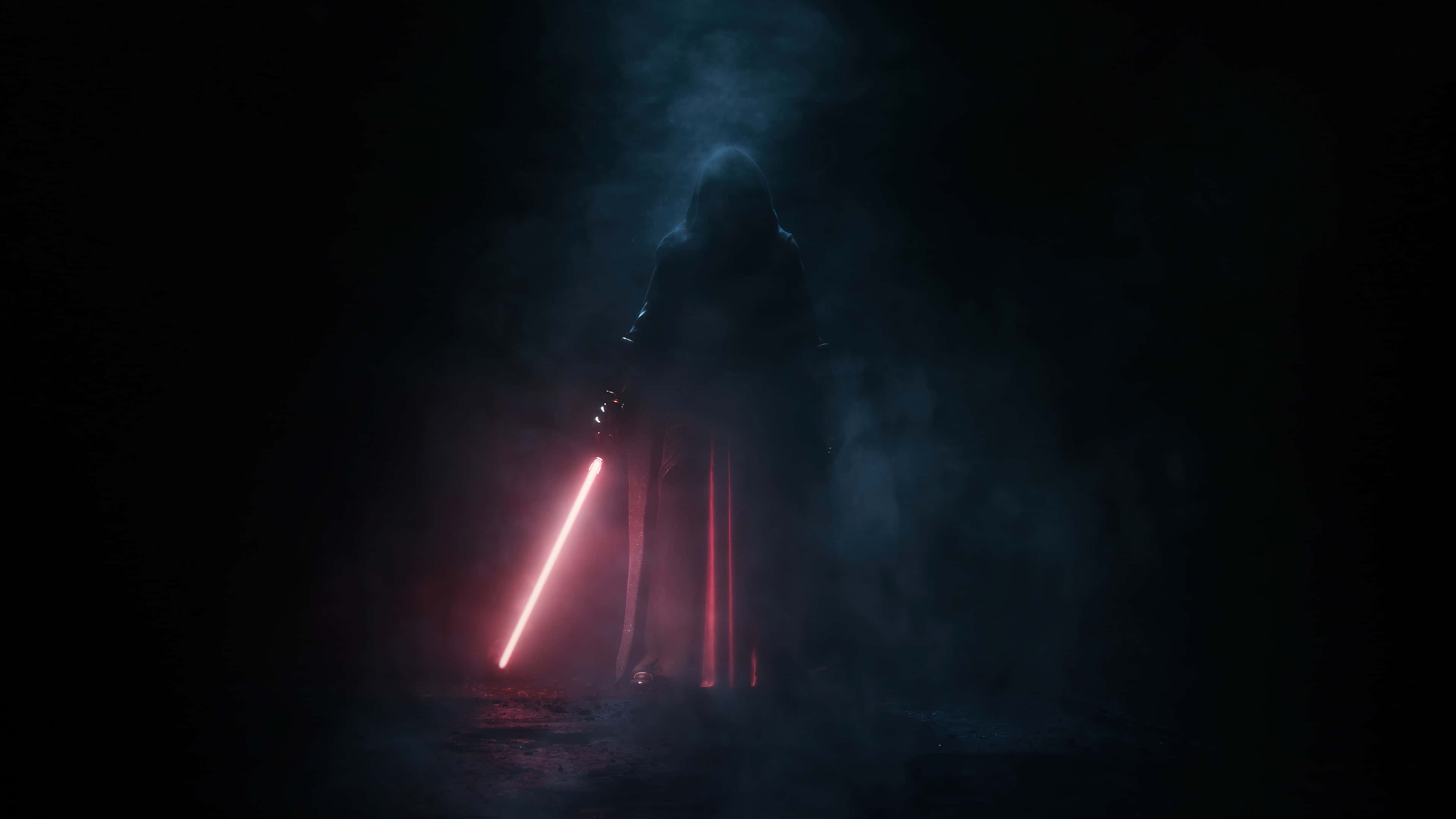 Darth Revan 4K 桌布 壁紙 — 一個披著斗篷的身影站在黑暗迷霧中，手持一把發光的紅色光劍，在陰影虛空中投射出詭異的光芒。