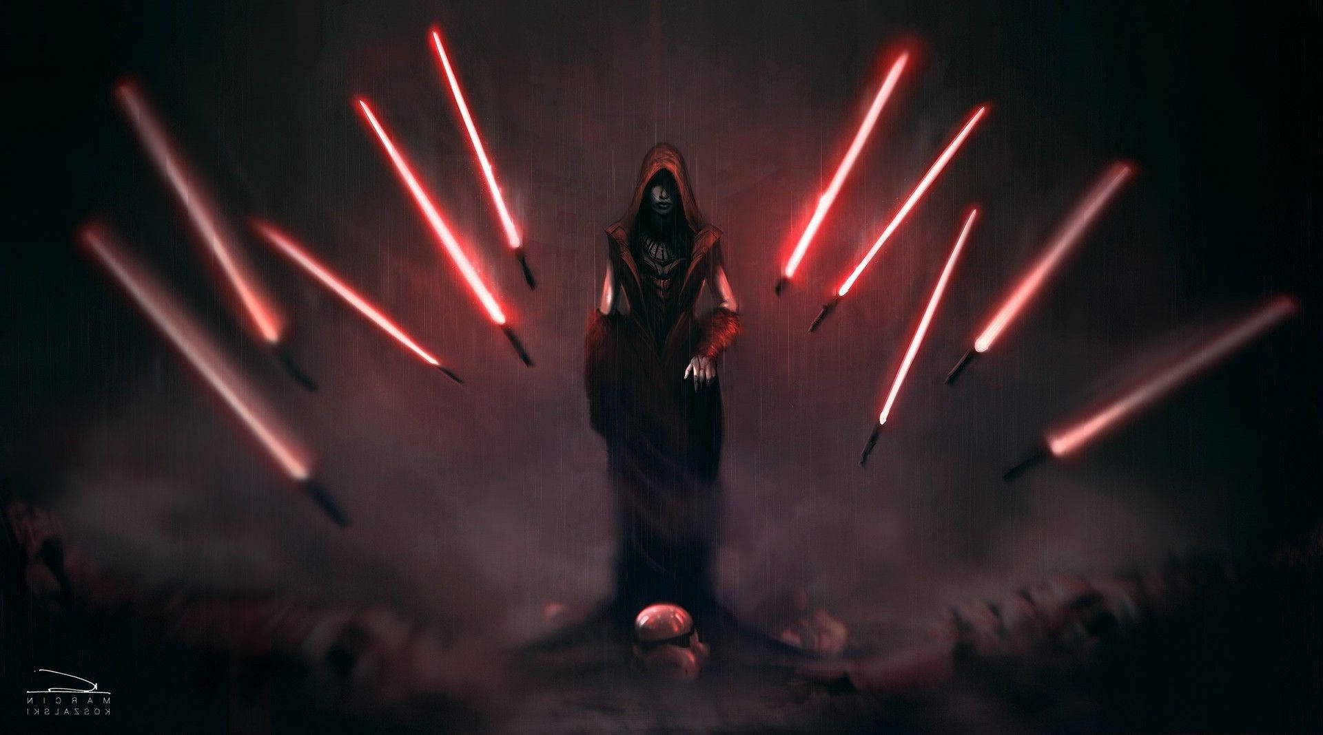 Sith 桌布 壁紙 — 一個披著斗篷的黑暗身影站在迷霧籠罩、不祥的房間中，周圍漂浮著紅色光劍。