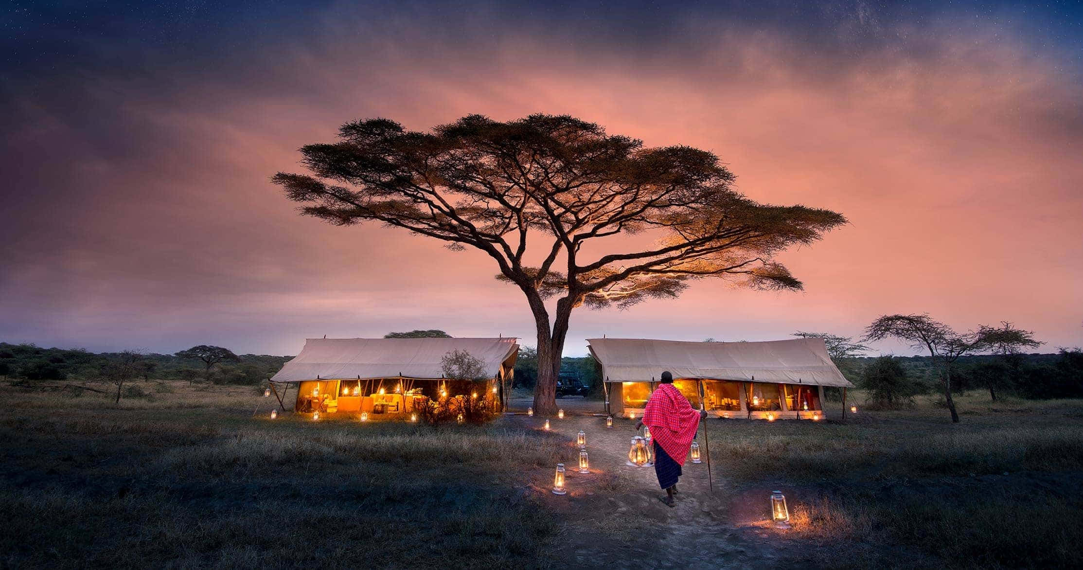 Tanzania 桌布 壁紙 — 一個披著紅色披肩的人，在戲劇性的暮色天空下，朝著發光的野生動物園帳篷走去，旁邊有一棵巨大的金合歡樹。