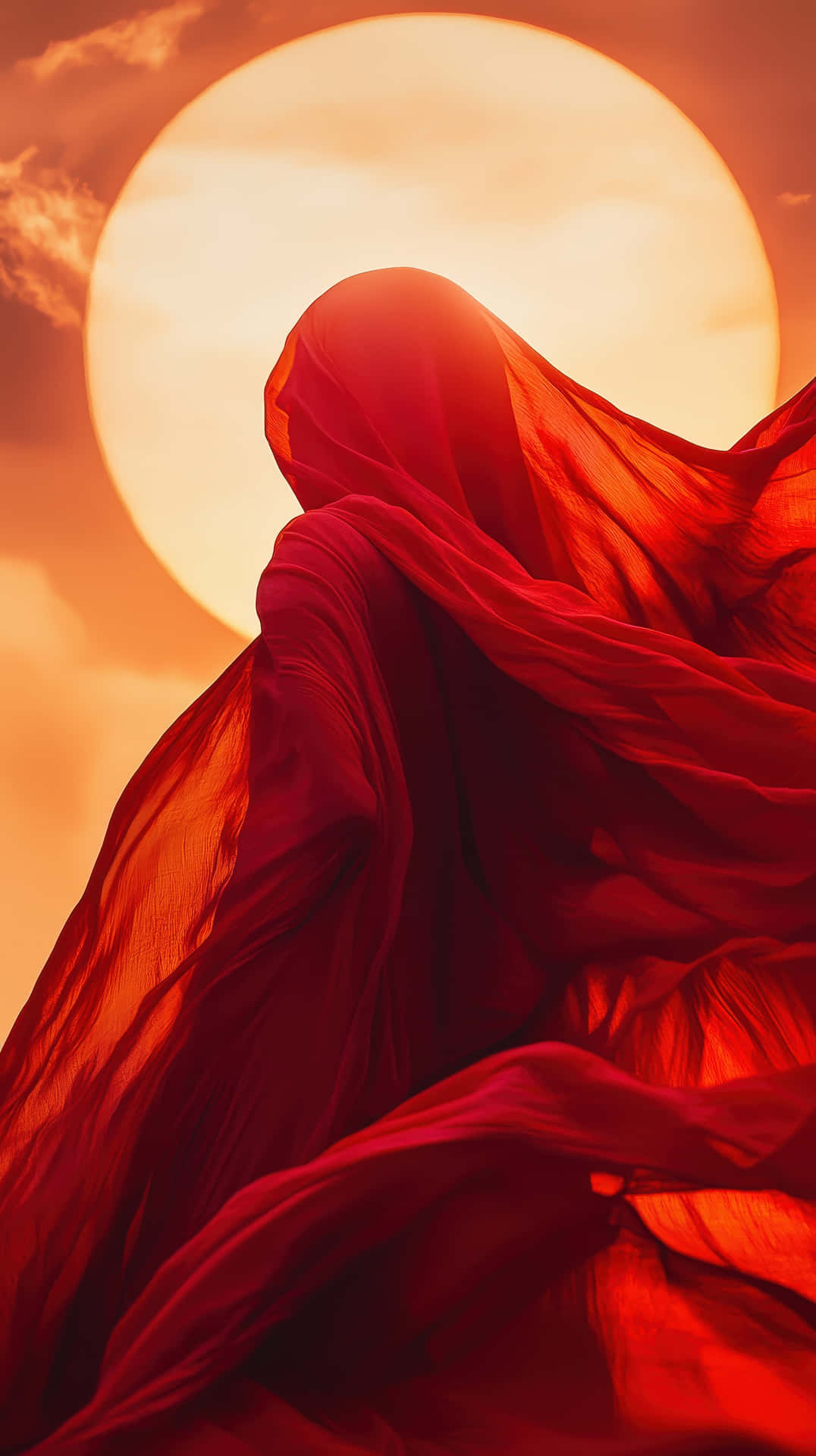 Mysterious figure draped in flowing red fabric standing against a glowing sun 壁紙 — 一個披著飄逸深紅色布料的身影，在巨大發光的橙色太陽襯托下形成剪影。