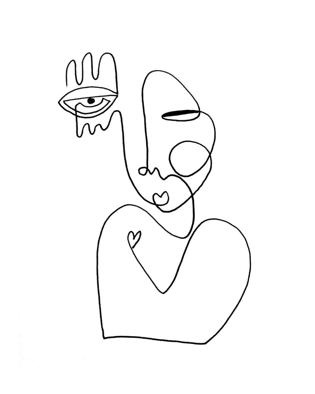 Line Art 桌布 壁紙 — 一個抽象人形的極簡線條畫，其中有一隻眼睛和心形圖案融入在形狀中。