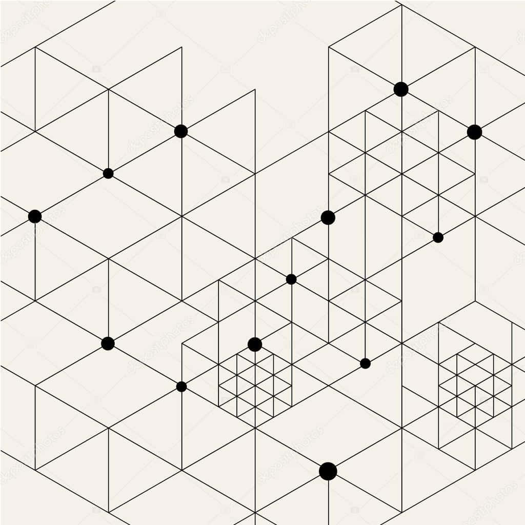 Geometric Pattern 桌布 壁紙 — 一個抽象幾何圖案，由相互連接的黑色線條和點組成，在淺米色背景上形成3D立方體錯覺。