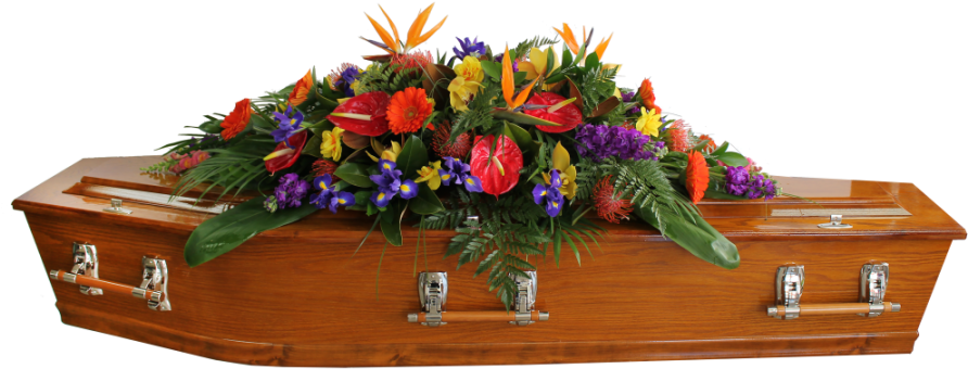 Funeral 桌布 壁紙 — 一個拋光木製棺材，飾有充滿活力的熱帶花卉佈置，包括紅色、橙色和紫色的花朵。