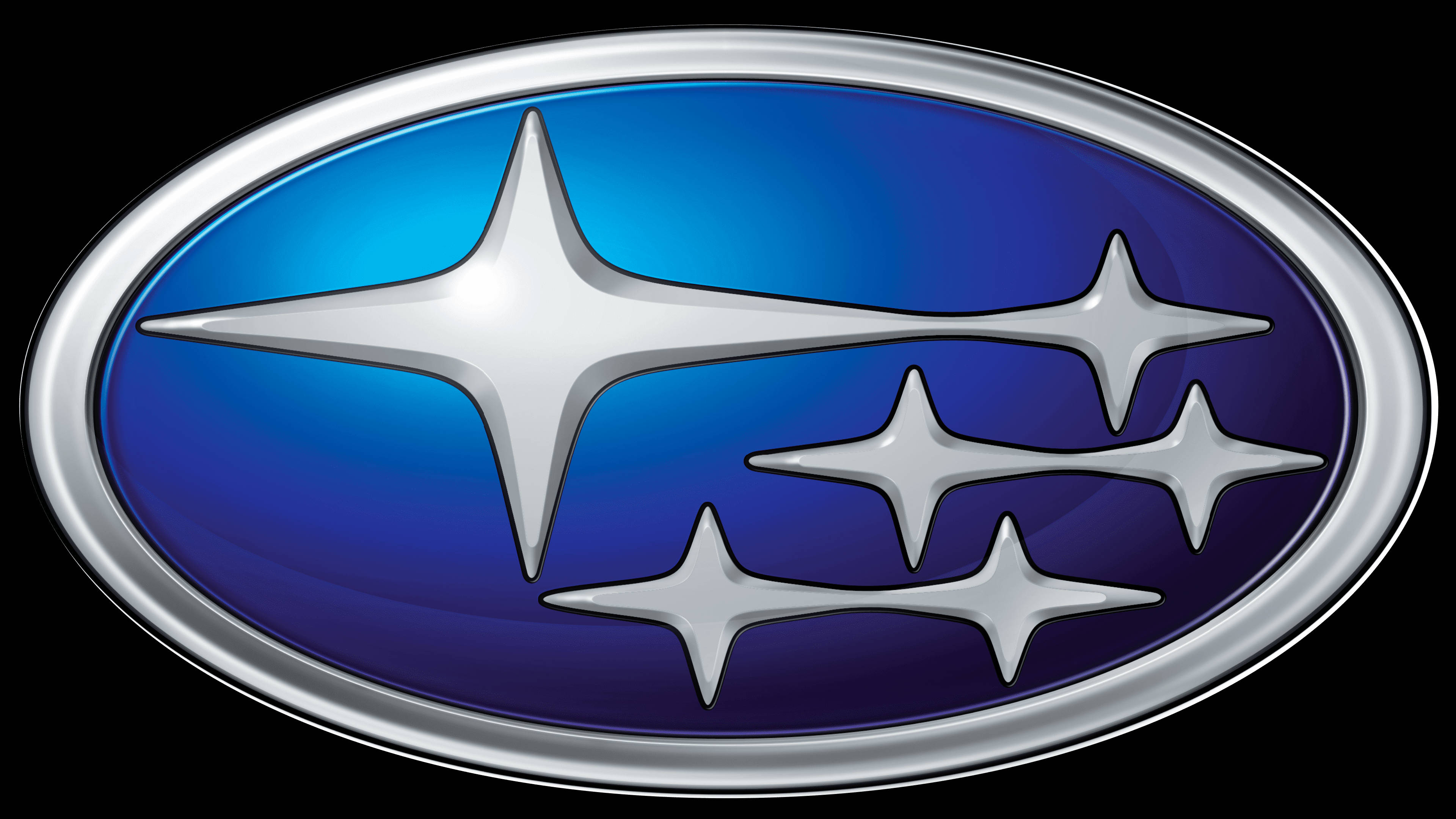 Subaru Logo 桌布 壁紙 — 一個拋光的Subaru標誌，在黑色背景上有一個漸變藍色橢圓形，上面有五顆銀色星星。
