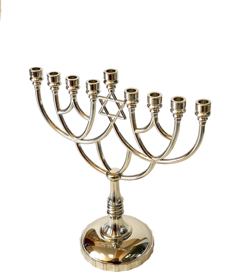光明節 桌布 壁紙 — 一個拋光銀色燭台，有九個燭座，中央是大衛之星，矗立在純黑背景前。