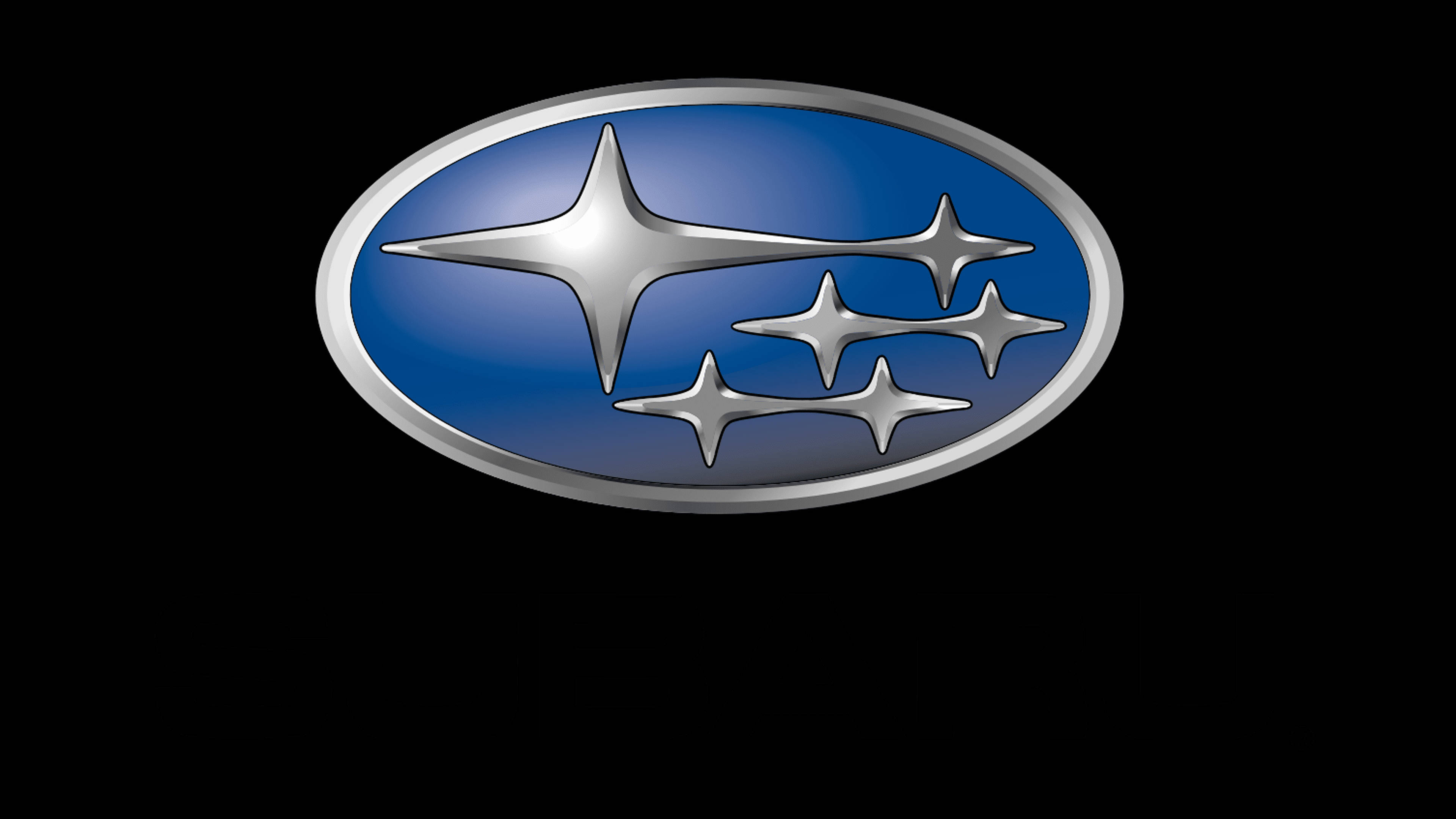 Subaru Logo 桌布 壁紙 — 一個拋光銀色的Subaru標誌，在藍色漸變橢圓形上有五顆星，置於純黑色背景上。