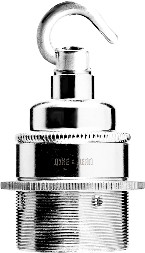 Tools 桌布 壁紙 — 一個拋光鍍鉻掛鉤，帶螺紋底座，黑色背景上刻有「DYKE & DEAN」字樣。