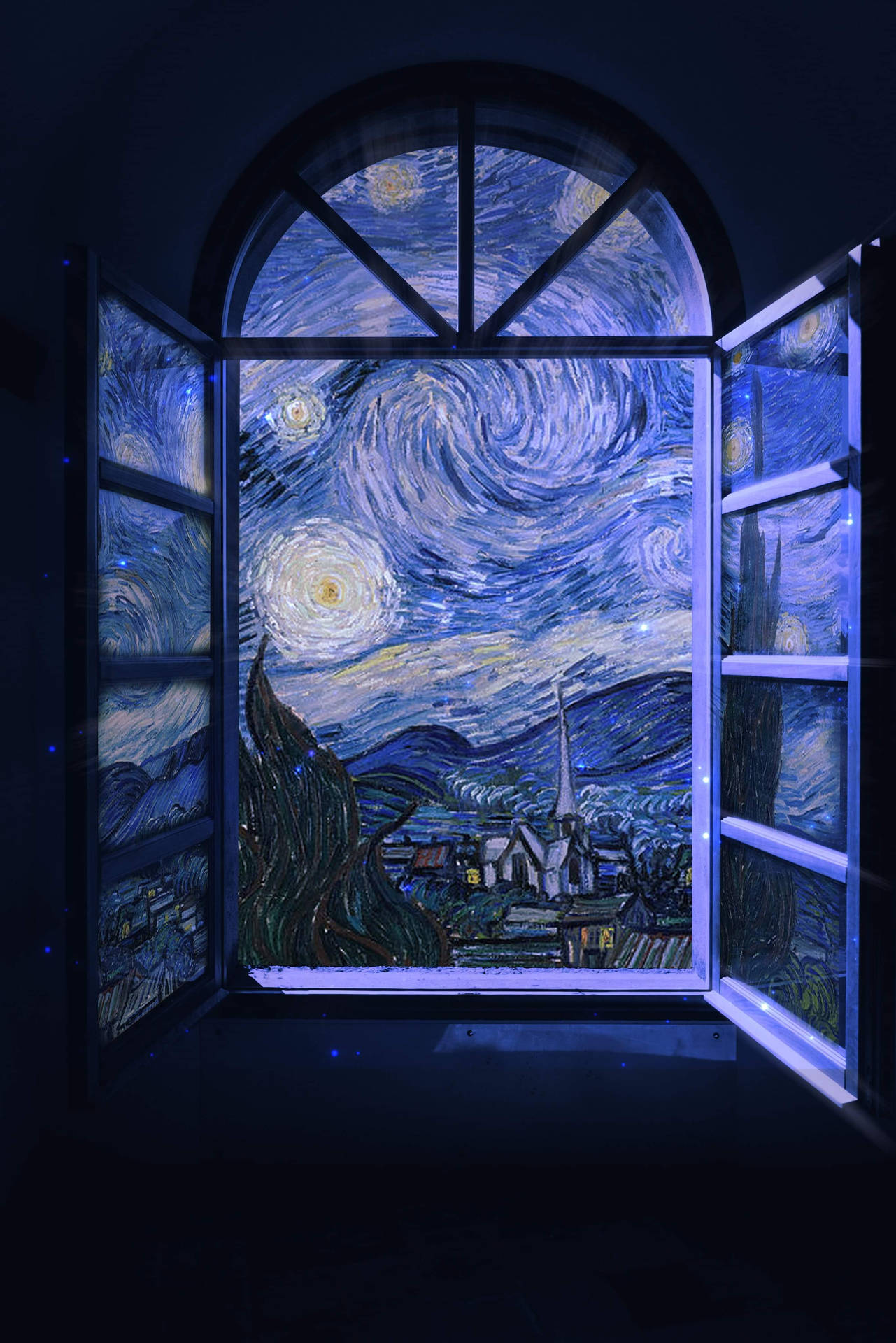 打開的窗戶展示梵谷的星夜畫作，以藍色燈光照明。
