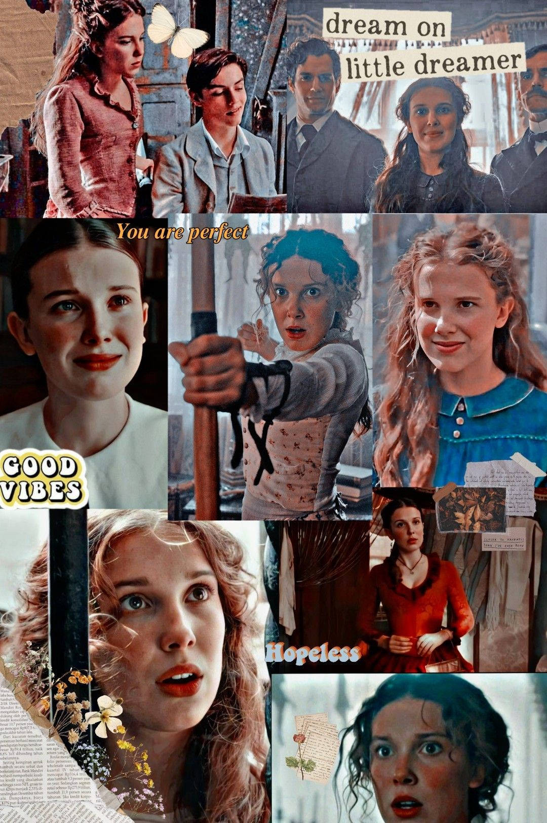 Enola Holmes 桌布 壁紙 — 一個拼貼畫，展示年輕女性在各種情緒狀態下的表情特寫，並疊加文字短語。