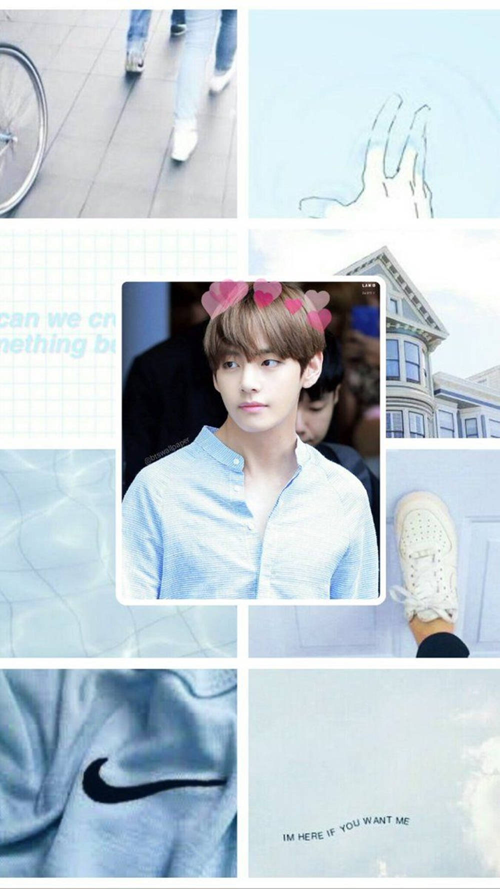 kim taehyung 桌布 壁紙 — 一個拼貼畫，捕捉了一位身穿淺藍色襯衫的年輕男子、運動鞋、腳踏車輪和維多利亞式房屋的自然瞬間。