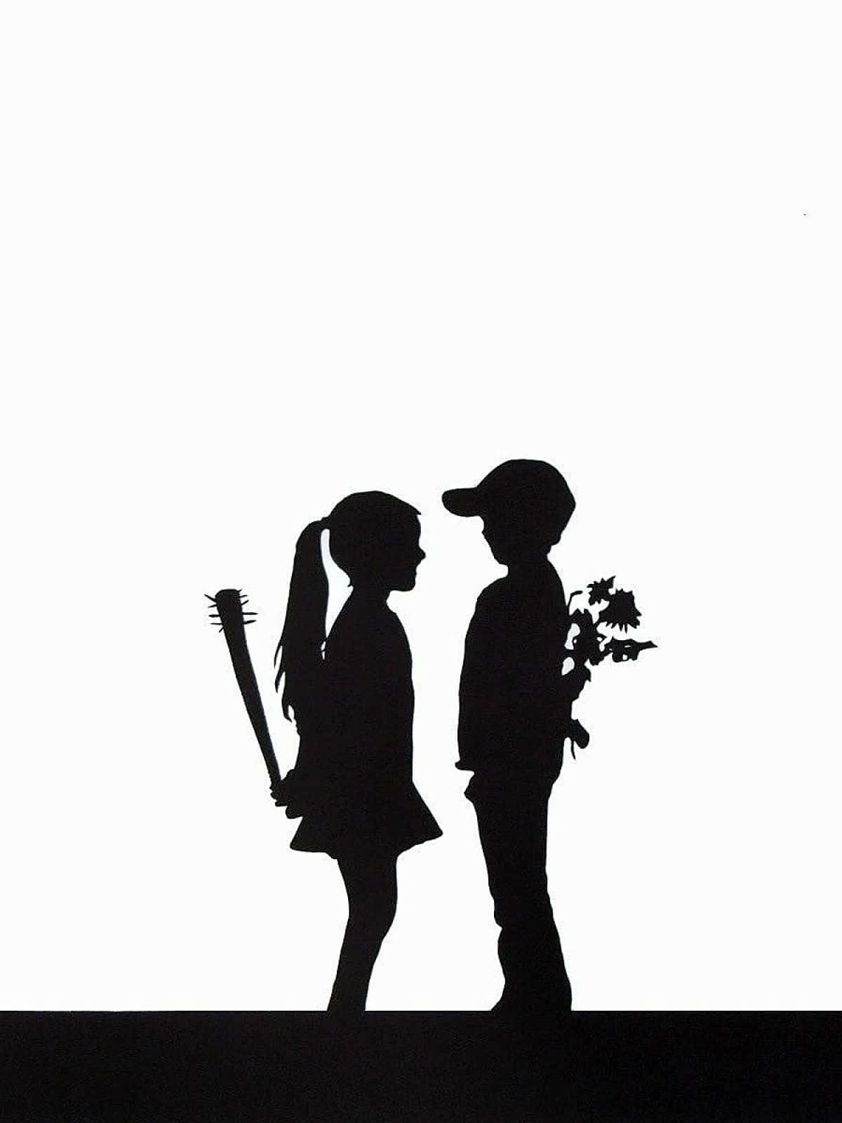 Lovers 桌布 壁紙 — 一個拿著棒球棍的女孩和一個拿著向日葵的男孩的剪影，在純白背景上面對面站立。