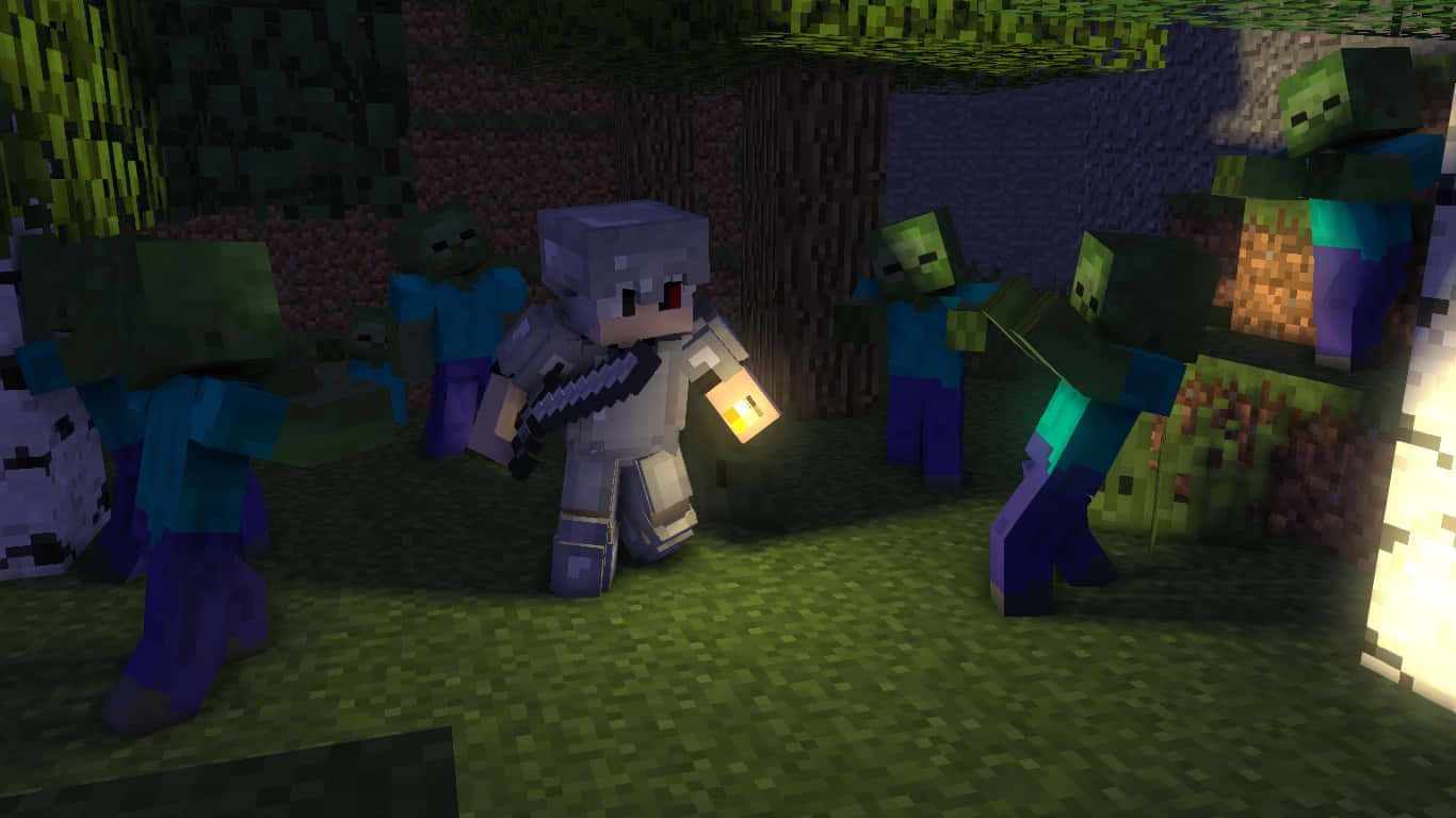 Minecraft Zombie 桌布 壁紙 — 一個拿著火炬的Minecraft玩家在森林中挑釁地站著，而殭屍群從四面八方逼近。