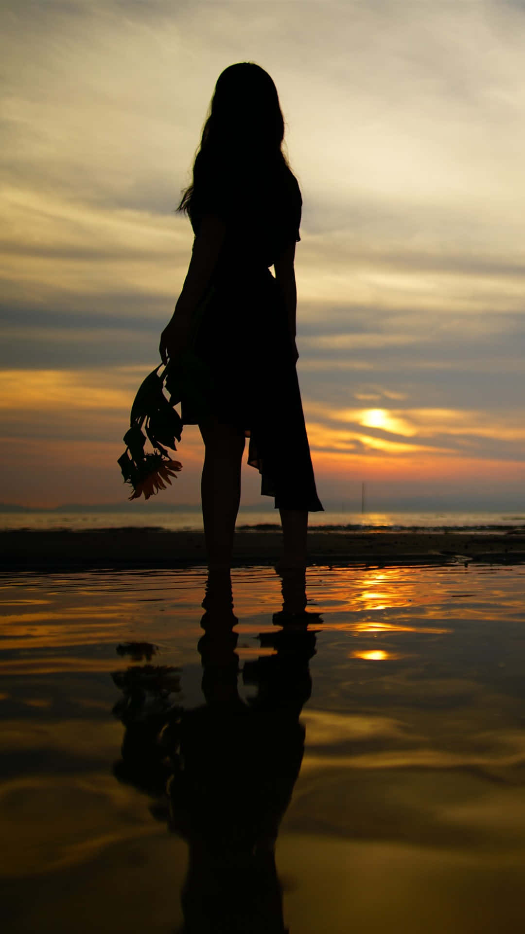 Silhouette 桌布 壁紙 — 一個拿著花的女人剪影站在日落邊緣，她的倒影映在濕沙上，金色光芒沐浴著地平線。