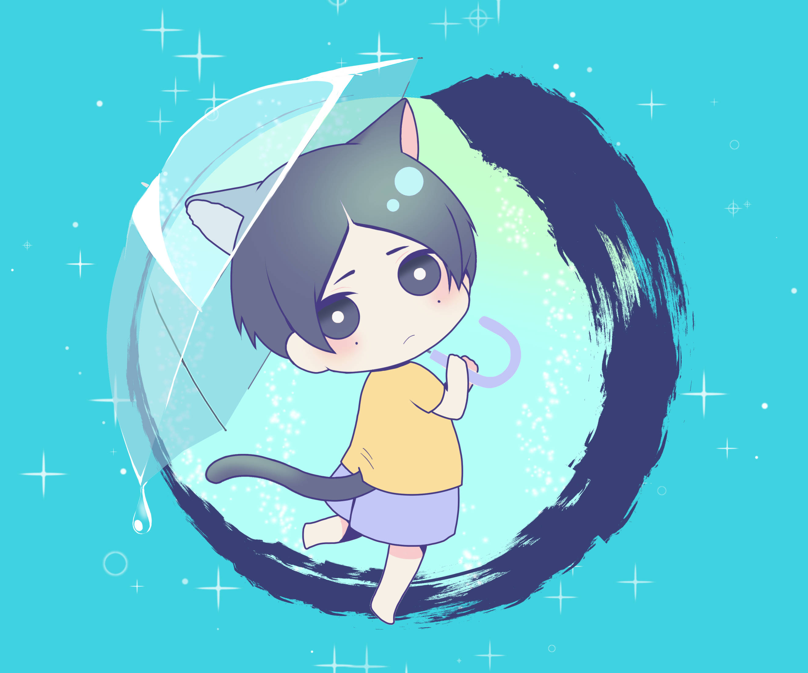 period 桌布 壁紙 — 一個拿著透明雨傘的Q版貓男孩站在發光的傳送門中，背景是閃閃發光的青綠色。