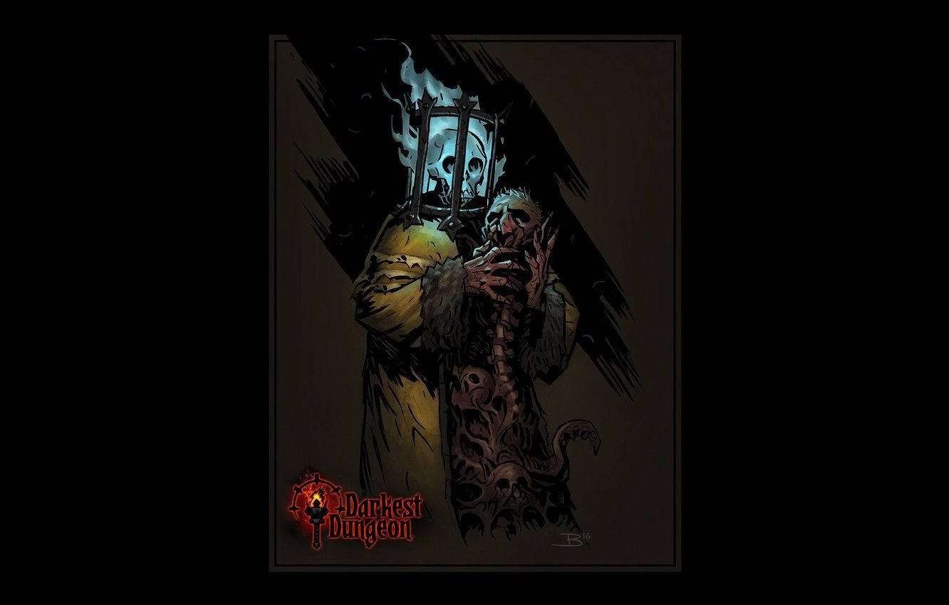 Dungeon 桌布 壁紙 — 一個拿著骷髏燈籠的死神在黑暗陰影場景中擁抱一個怪誕的紋身人物。