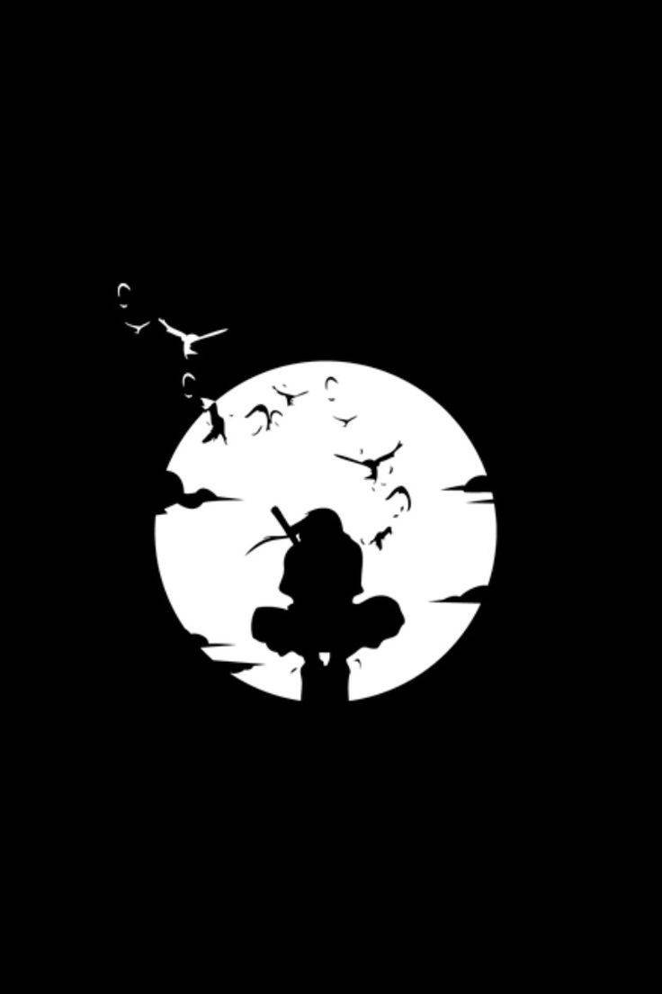 Moonlight 桌布 壁紙 — 一個持劍人物的鮮明黑白剪影，站在滿月前，鳥兒在周圍飛翔。