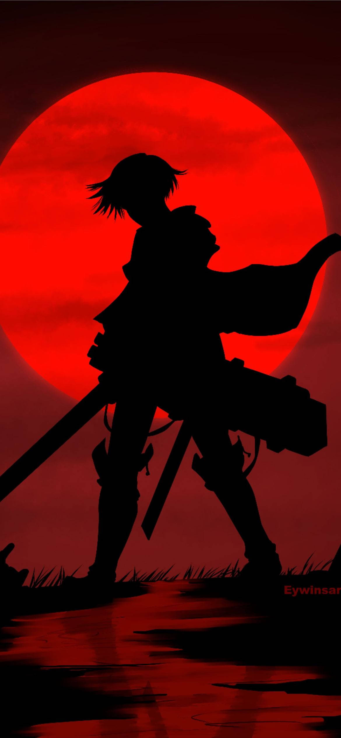 Attack On Titan iPhone 桌布 壁紙 — 一個持劍戰士的剪影站在巨大的血紅色太陽前，在濕地上投下長長的影子。