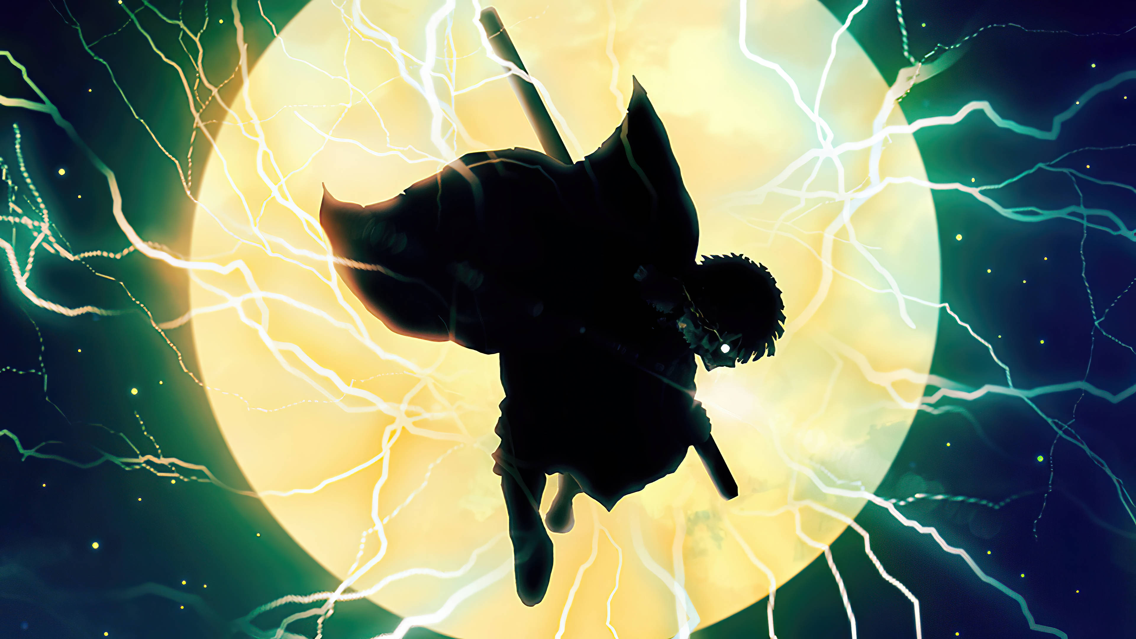 Kimetsu 桌布 壁紙 — 一個持劍戰士的黑色剪影，在帶有電光閃爍的發光黃色月亮前跳躍。