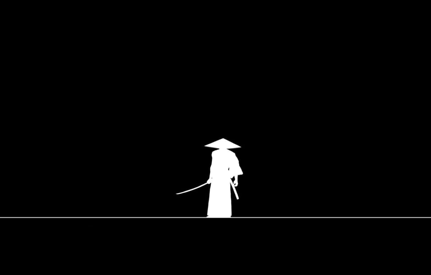 Black And White Samurai 桌布 壁紙 — 一個持劍的武士戰士的鮮明白色剪影，獨自站在純黑色背景前。
