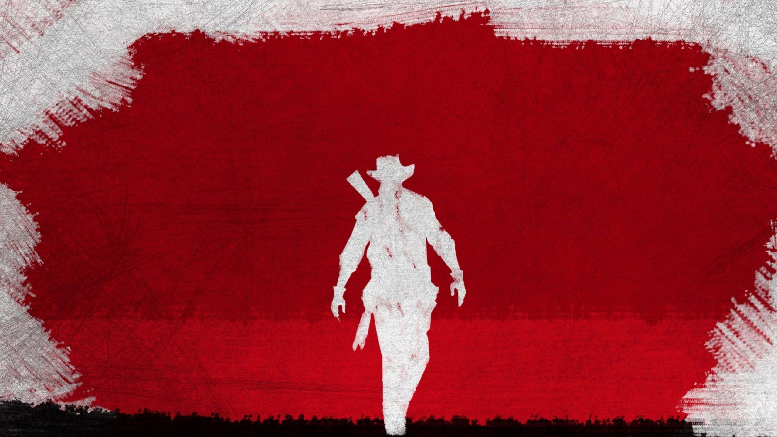 牛仔 桌布 壁紙 — 一個持步槍的牛仔的鮮明白色剪影，在帶有紋理筆觸的大膽紅色塗漆背景上行走。
