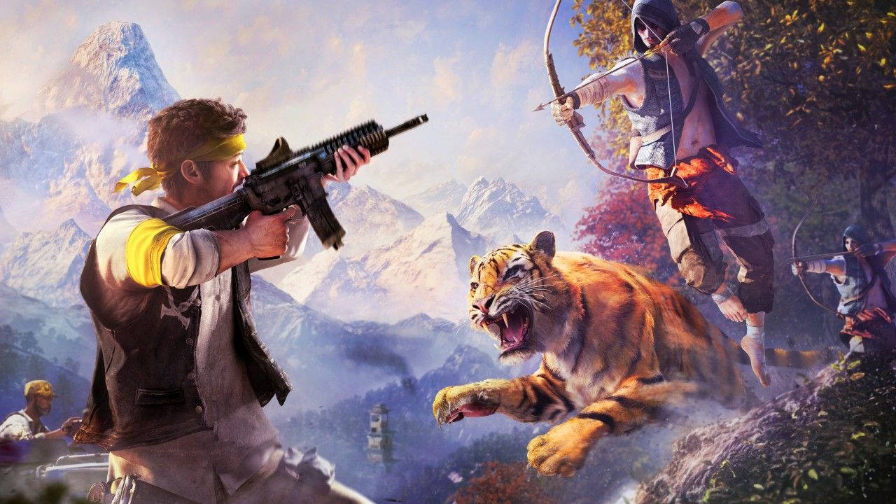 Far Cry 4 桌布 壁紙 — 一個持步槍的男人和一個戴兜帽的弓箭手在秋葉遍佈的山地景觀中對峙一頭咆哮的老虎。