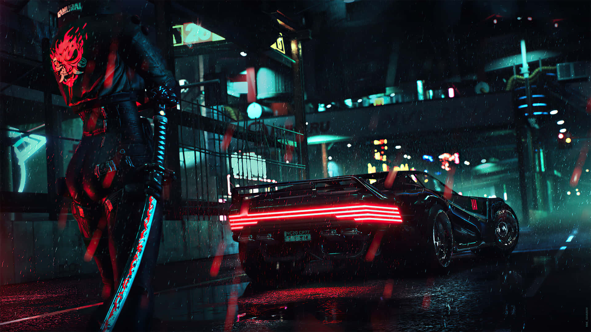 1080p Cyberpunk 2077 桌布 壁紙 — 一個持著發光劍的賽博龐克戰士，在夜晚霓虹燈閃爍、雨水浸濕的都市小巷中，站在一輛紅色跑車旁邊。