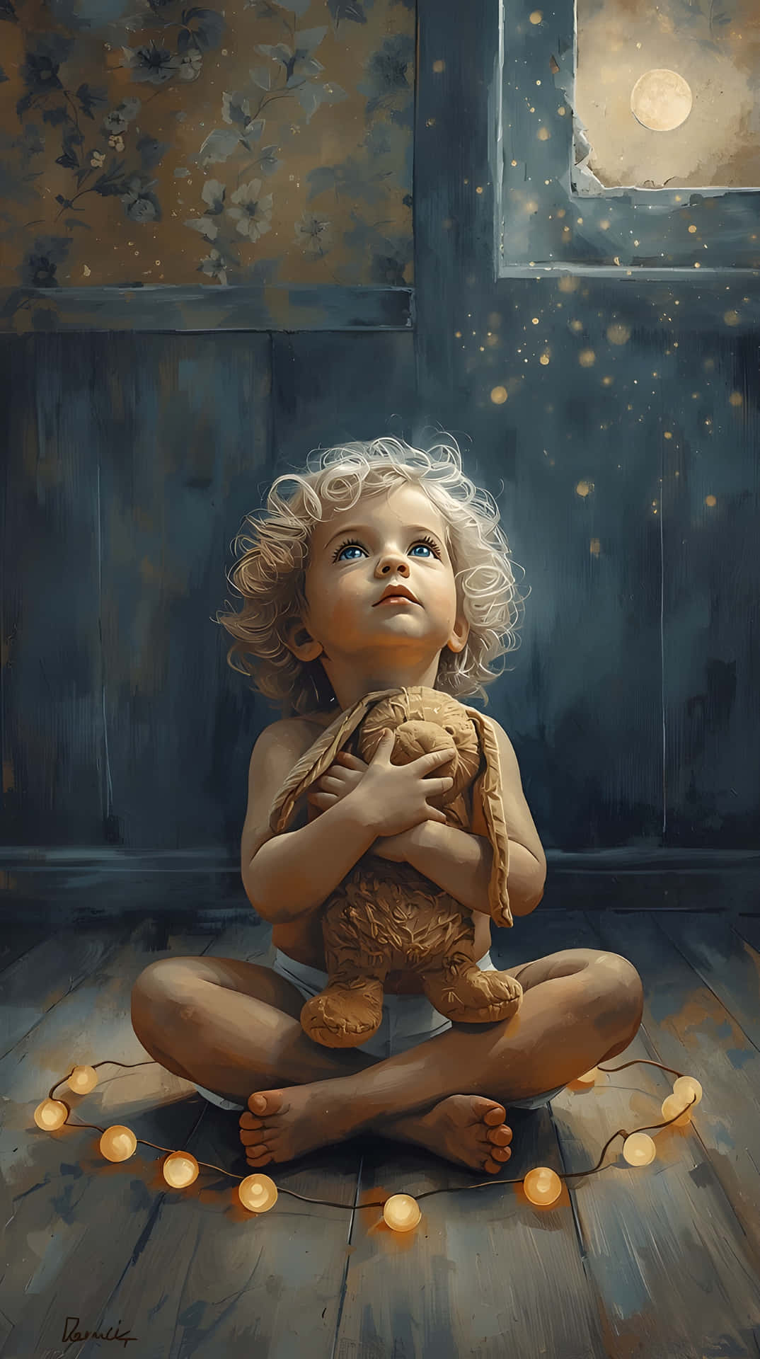 Cute Kid with Fairy Lights 壁紙 — 一個捲髮孩子盤腿坐在木地板上，抱著一隻破舊的泰迪熊，溫暖的燈串在他們周圍閃爍，月光透過窗戶流進來。
