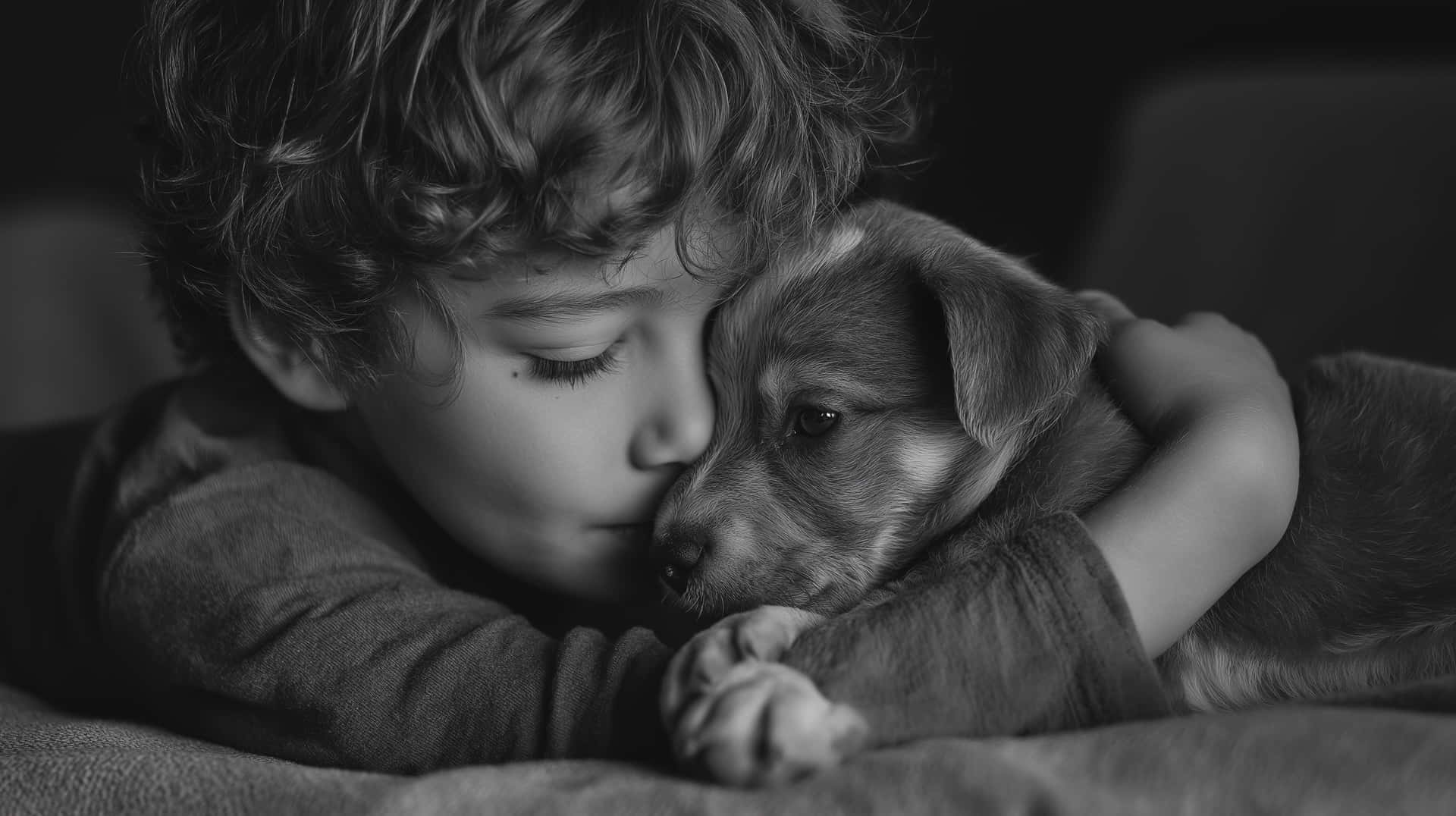 Sleeping Puppy in Warm Embrace 壁紙 — 一個捲髮小孩溫柔地擁抱一隻小狗，柔和的黑白特寫。