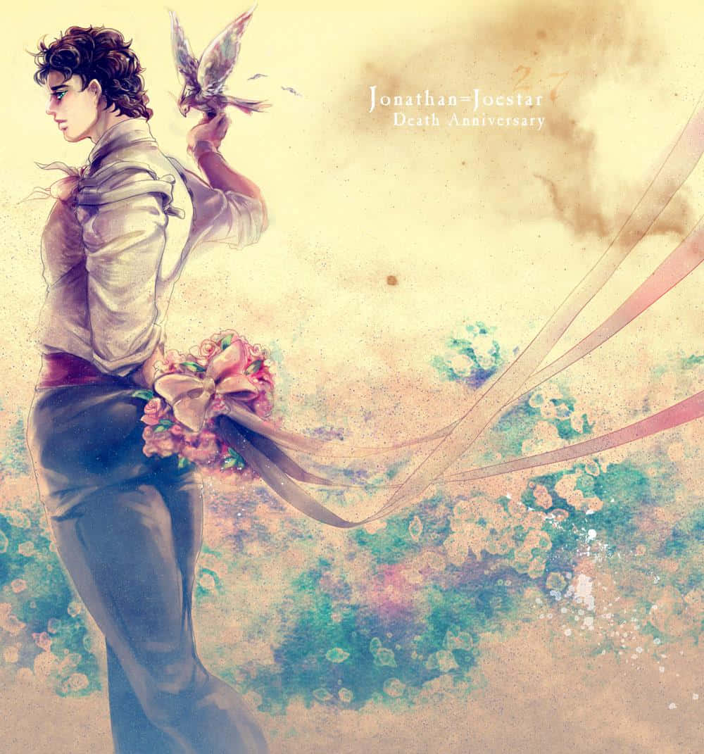 Jonathan Joestar 桌布 壁紙 — 一個捲髮年輕男子抱著一隻鳥和花束，背景是柔和的水彩天空和飄浮的絲帶。