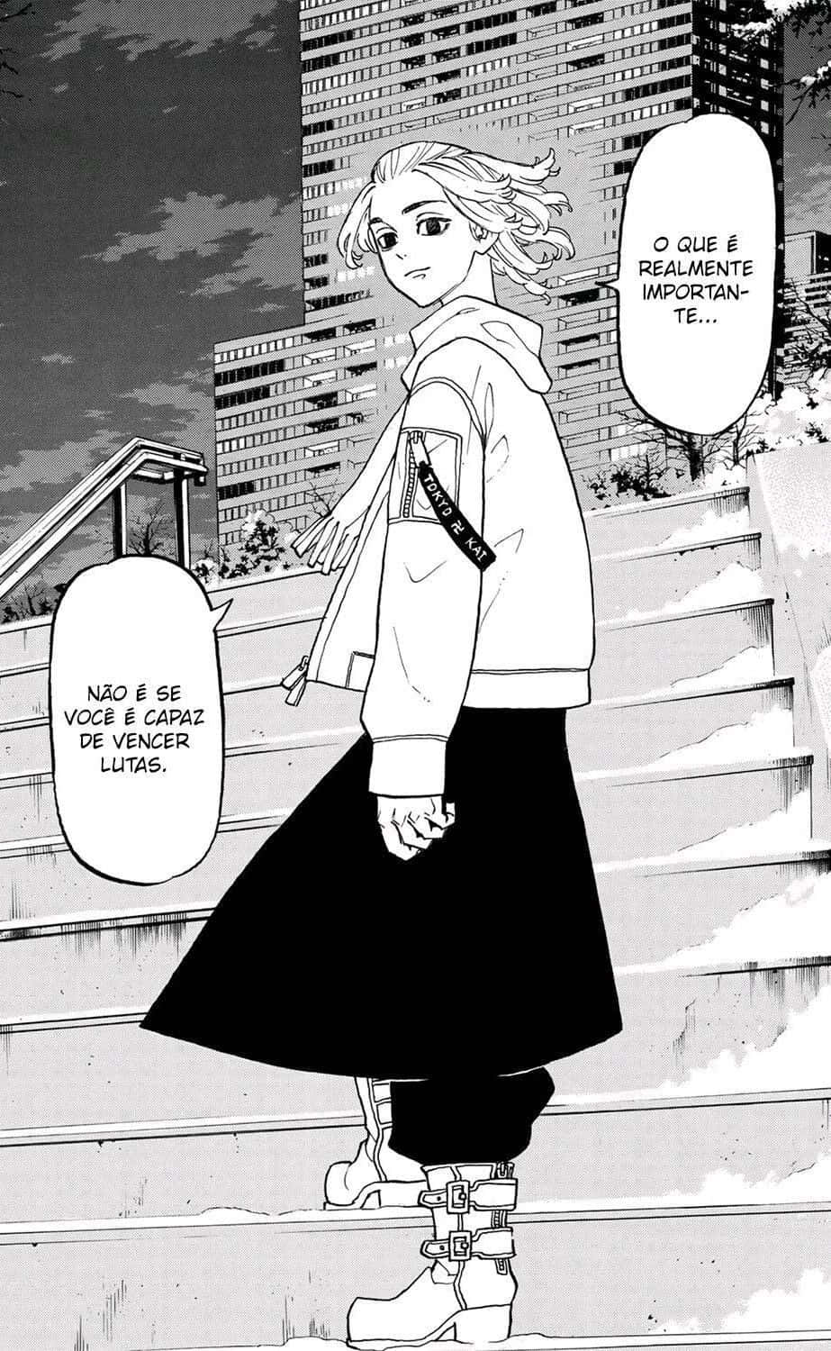 Manjiro 桌布 壁紙 — 一個捲髮漫畫角色穿著連帽衫和靴子，在雪覆蓋的城市樓梯上行走，並帶有葡萄牙語對話氣泡。