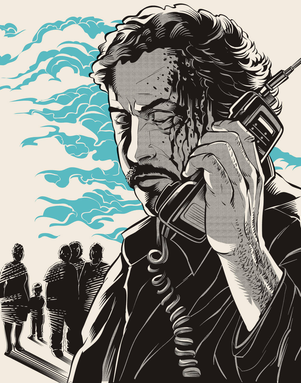 Pablo 桌布 壁紙 — 一個捲髮男人將舊電話貼在耳邊，人群在風格化的藍色雲朵後面觀看。