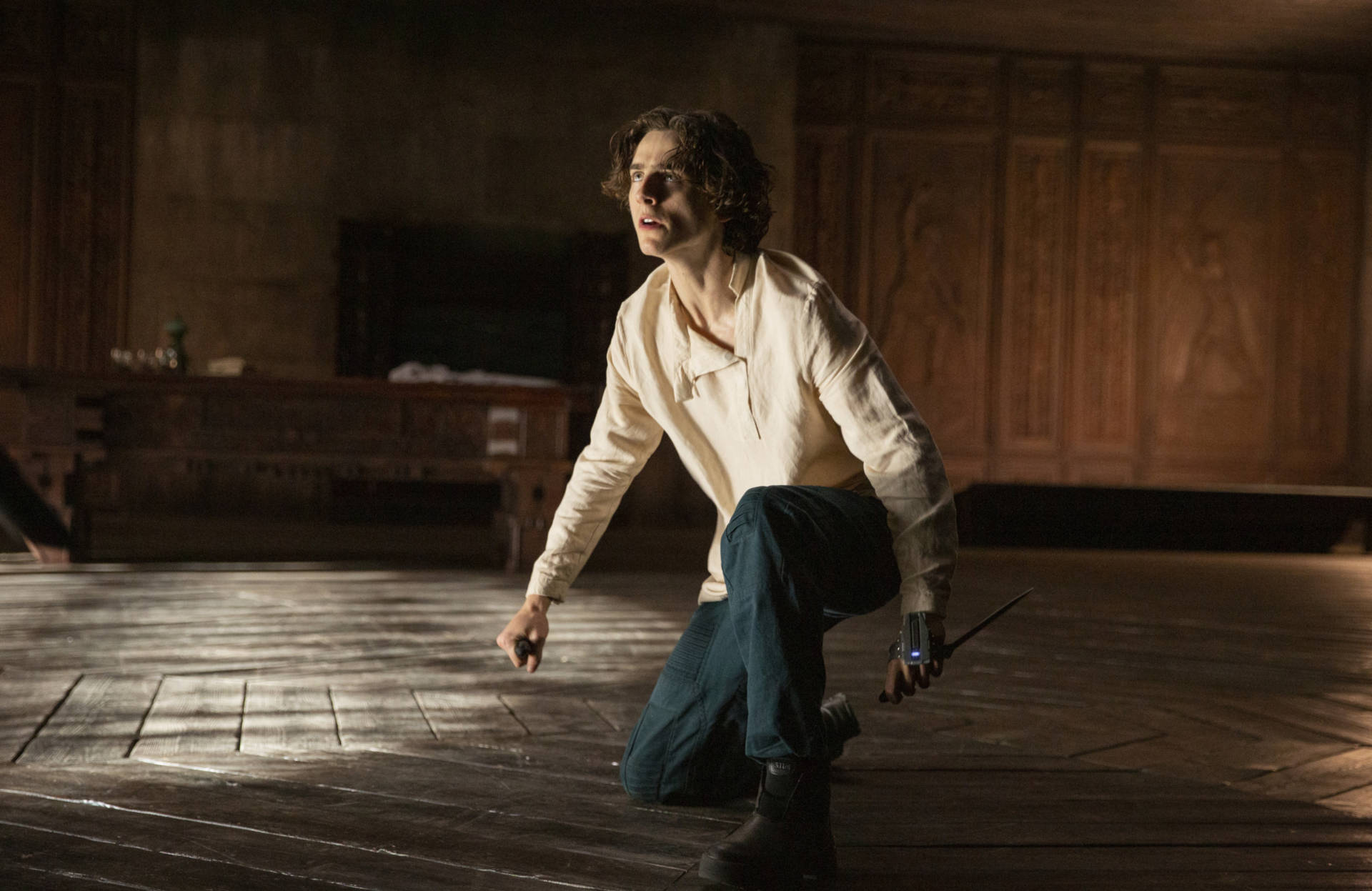 Timothée Chalamet 桌布 壁紙 — 一個捲髮男人跪在昏暗房間的木地板上，手持發光魔杖。