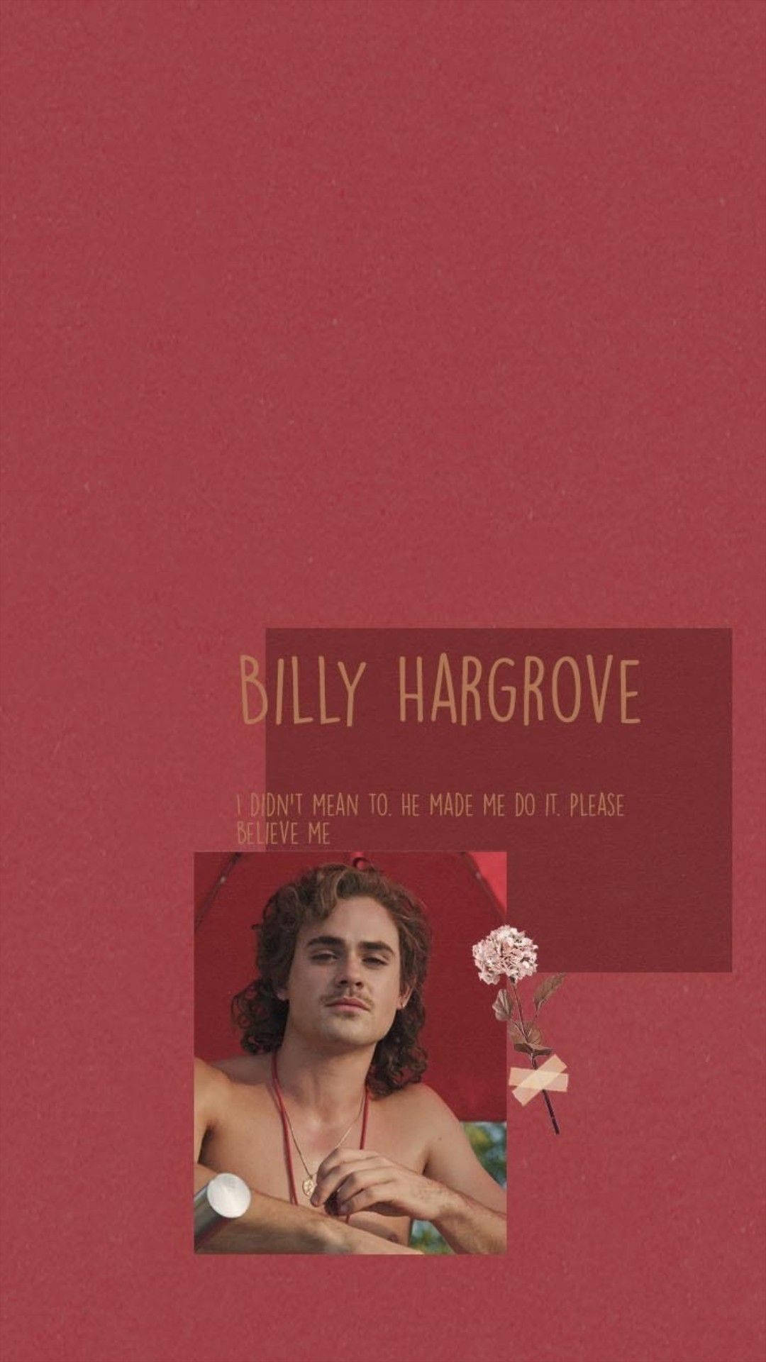 billy hargrove 桌布 壁紙 — 一個捲髮男子在深紅色背景上，帶有文字和花朵，平靜地凝視。
