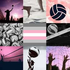 Volleyball Wallpaper 壁紙 — 一個排球時刻的拼貼畫，球員在充滿活力的粉紅色、紫色和日落天空下行動，並有網和球的特寫。
