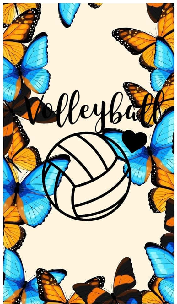 volleyball 4K 桌布 壁紙 — 一個排球置於鮮豔的藍色和橙色蝴蝶中央，奶油色背景，附有草書文字。