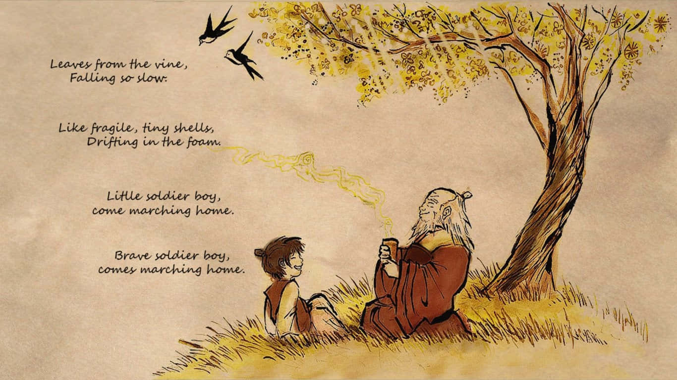 Uncle Iroh 桌布 壁紙 — 一個插圖場景，描繪一個小孩和一個長者坐在樹下，樹葉飄落，鳥兒飛翔，詩歌在附近飄浮。