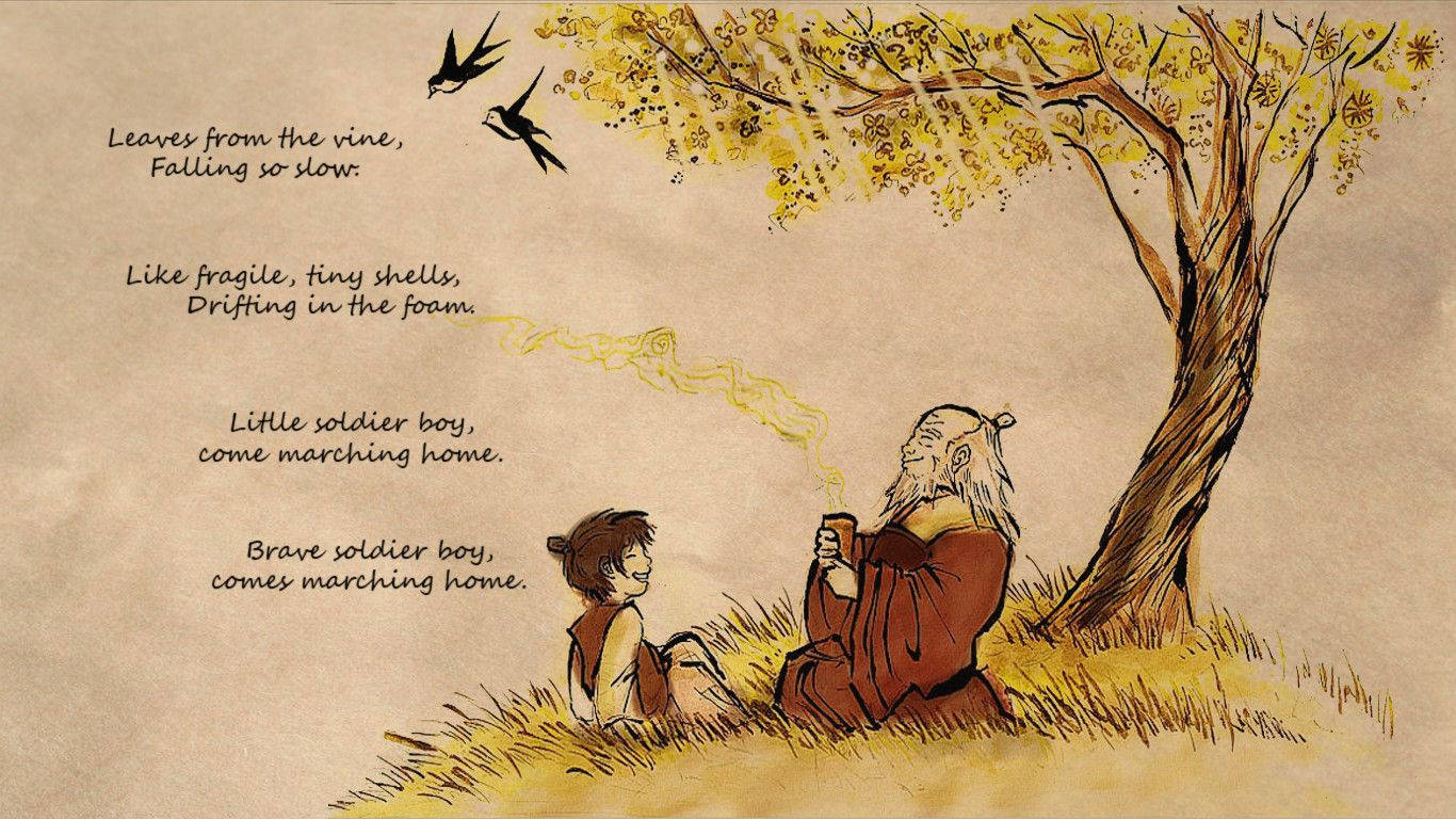 Airbender 桌布 壁紙 — 一個插圖場景，描繪一個年輕男孩和一位長者站在金色樹下，鳥兒在頭頂飛翔，詩歌在空中飄浮。