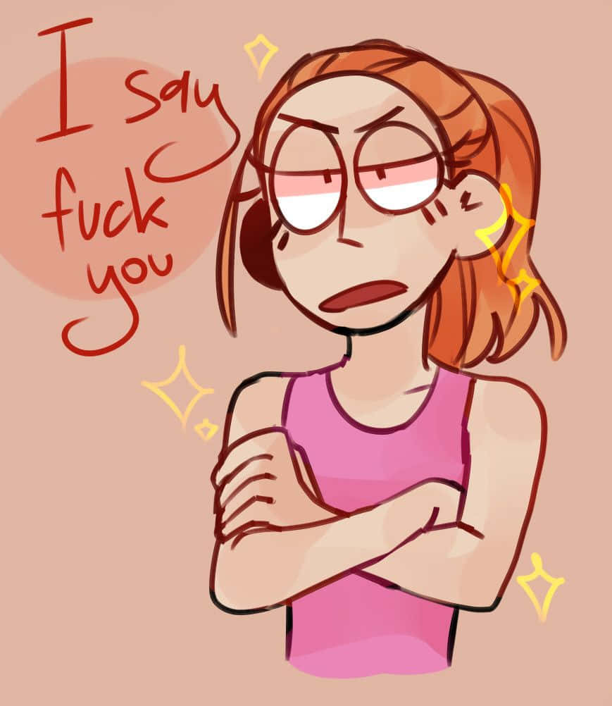 Summer Smith 桌布 壁紙 — 一個插圖女孩，紅髮戴眼鏡，交叉雙臂，而一個對話氣泡宣佈「我說去你媽的」，周圍有閃光。