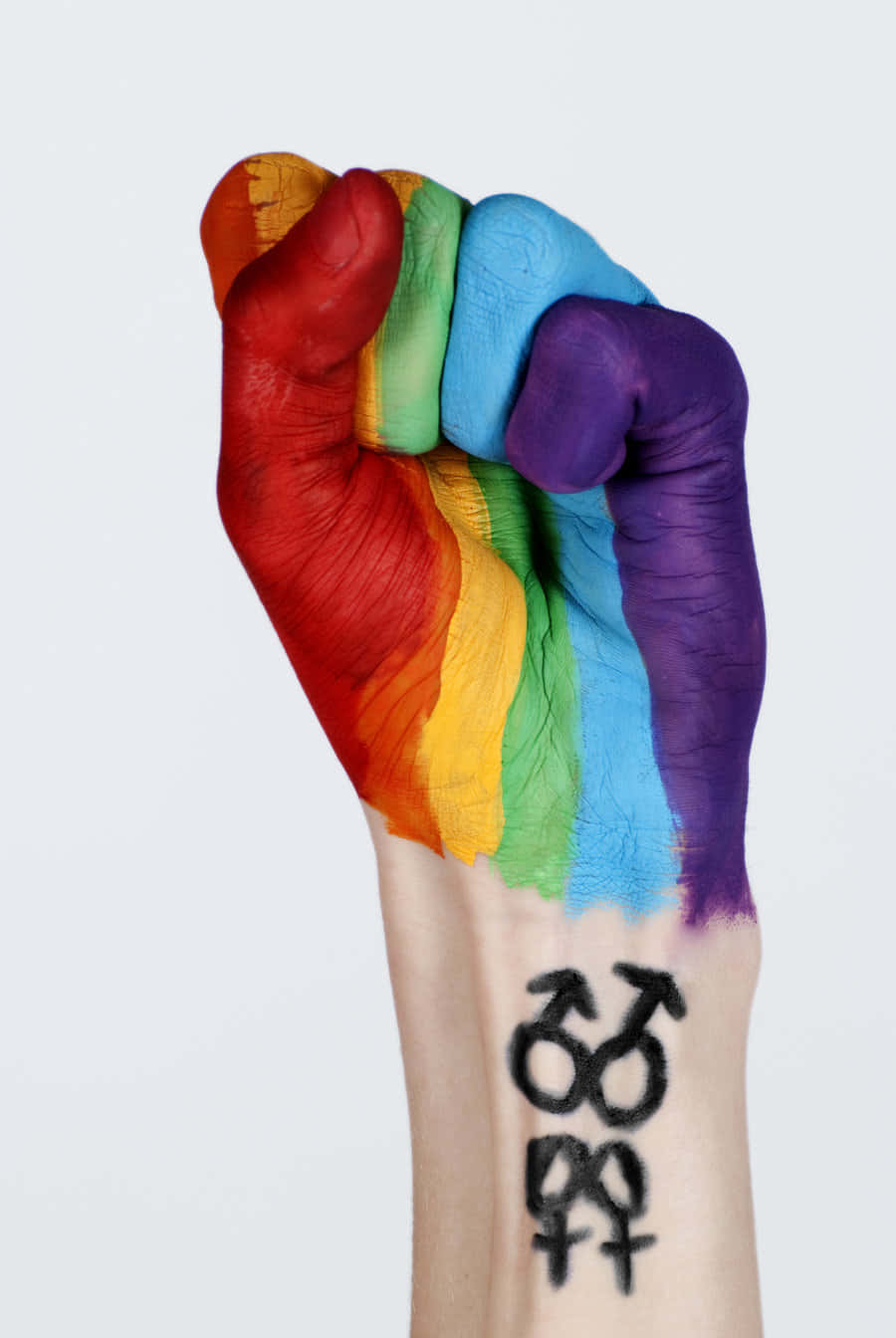 LGBT 桌布 壁紙 — 一個握緊的拳頭塗上彩虹顏色，象徵LGBTQ+驕傲，背景為純白色。