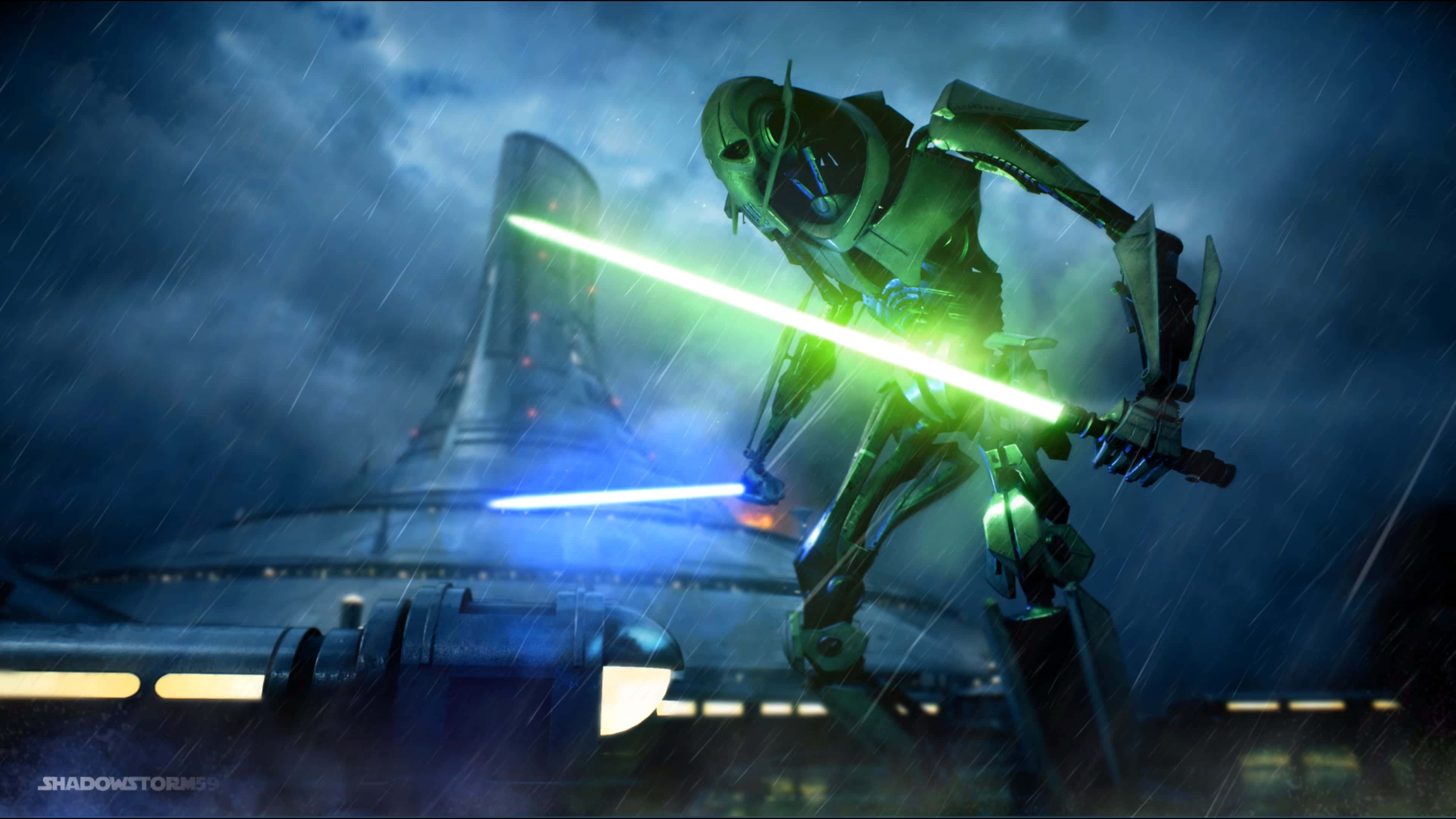 General Grievous 桌布 壁紙 — 一個揮舞綠色光劍的機器人，在暴風雨夜空的雨浸未來城市景觀中屹立。