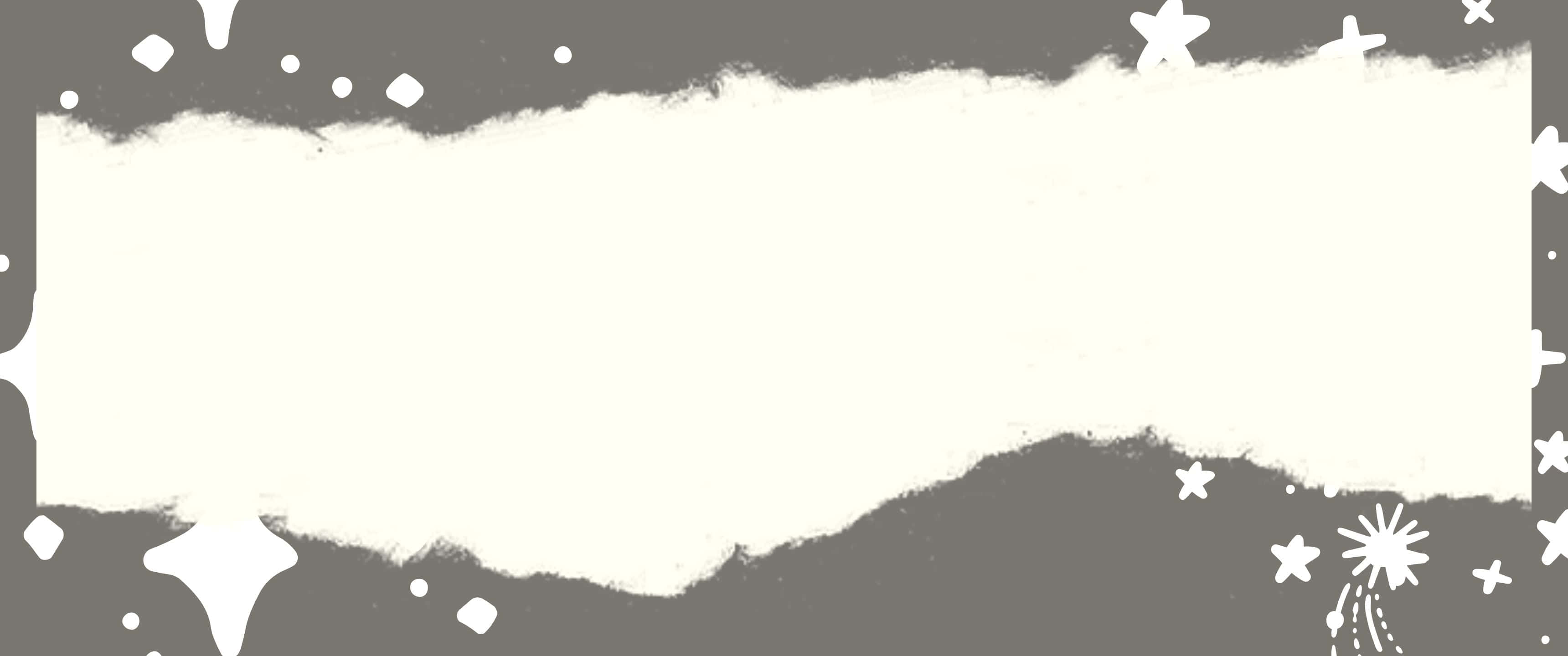3440x1440 桌布 壁紙 — 一個撕裂的紙框，上面有白色星星和形狀，灰色背景，營造出異想天開的裝飾邊框。