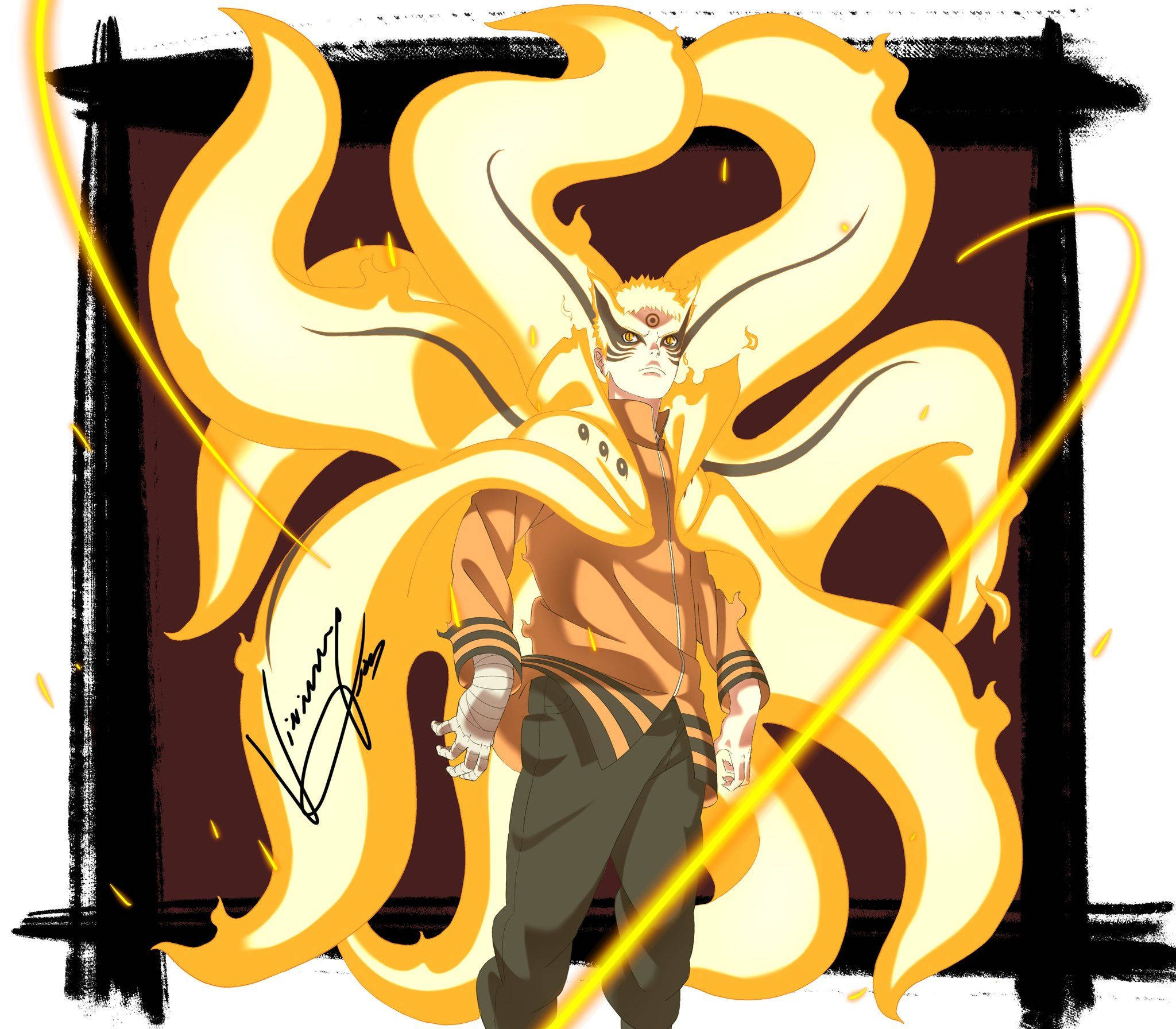 Naruto Final Form 桌布 壁紙 — 一個擁有九條金色尾巴的強大動漫角色，在黑暗背景中散發著發光的黃色能量條紋，擺出動態姿勢。