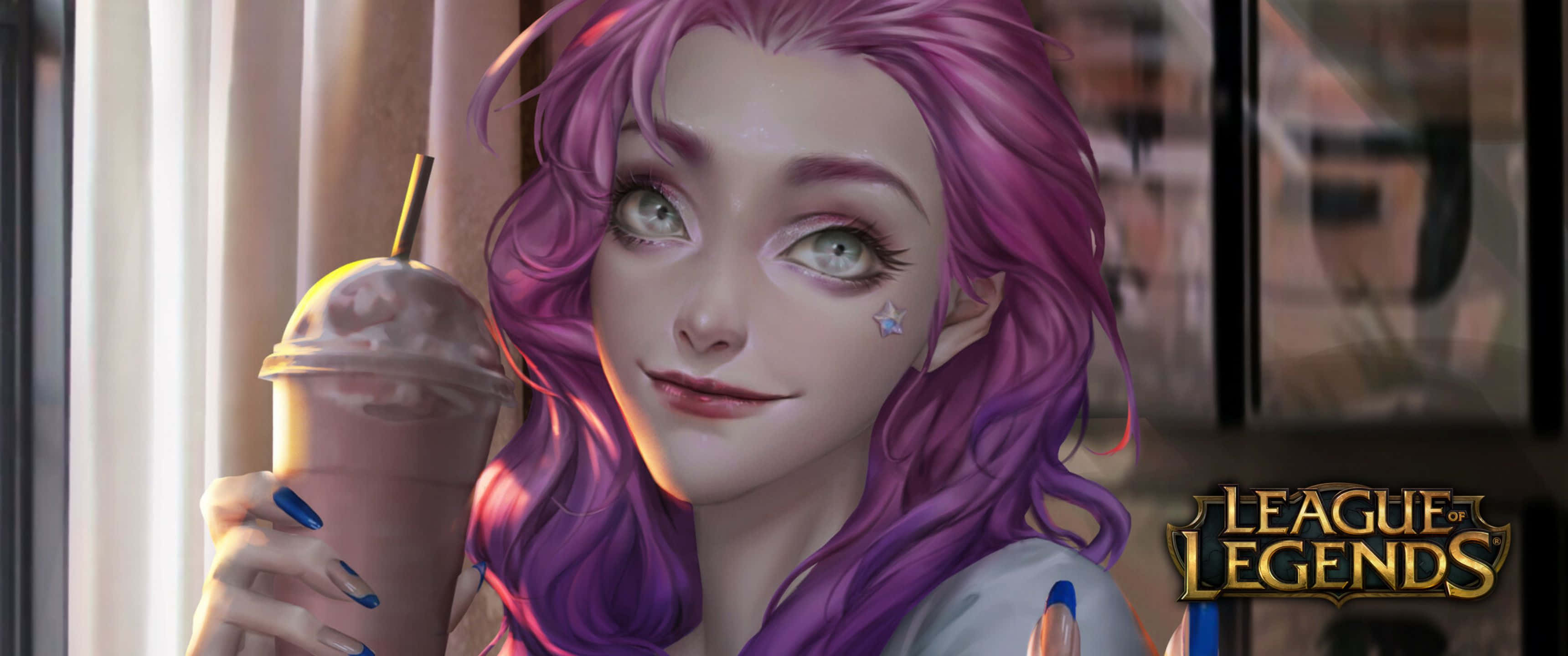 遊戲 桌布 壁紙 — 一個擁有充滿活力的紫色頭髮和星星刺青的《英雄聯盟》角色，在陽光普照的窗邊喝著奶昔。