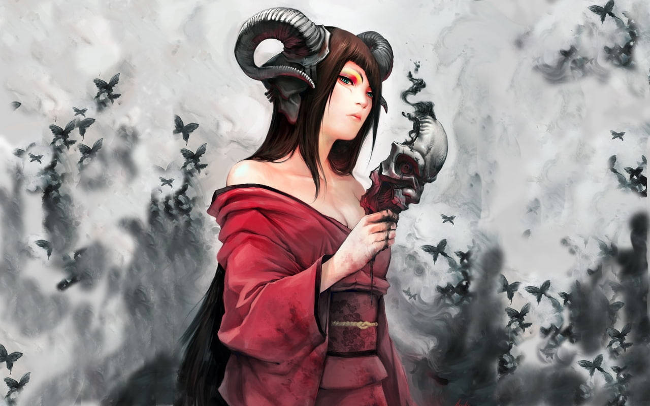 高清 桌布 壁紙 — 一個擁有公羊角和紅眼的惡魔女子，在旋轉的烏雲和黑鳥中手持一個頭骨。
